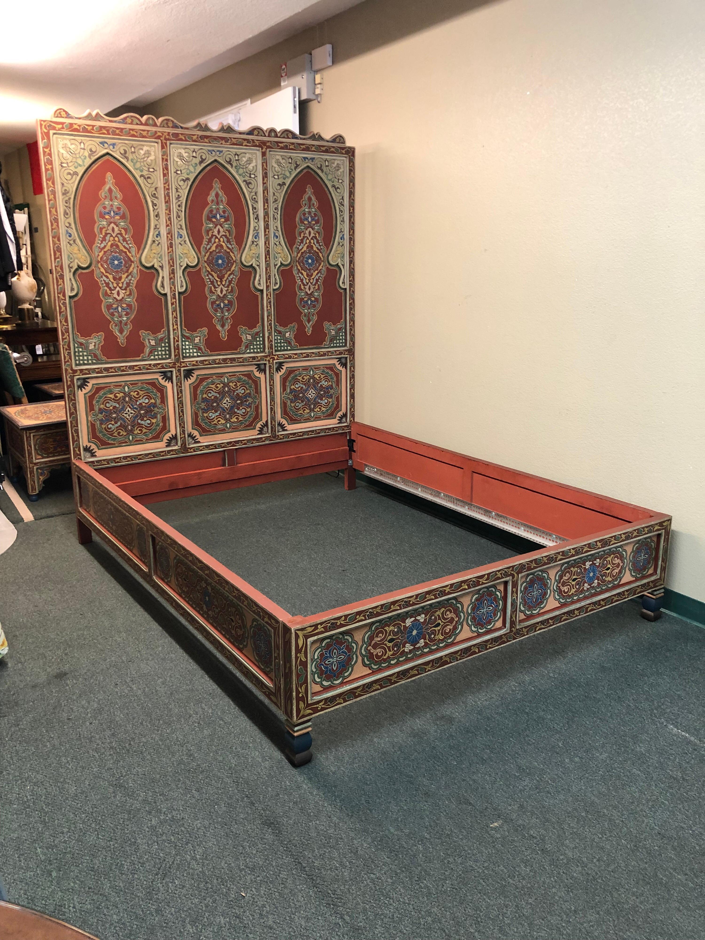 Custom Monumental Moroccan Queen Bed and Matching Nightstands For Sale 4