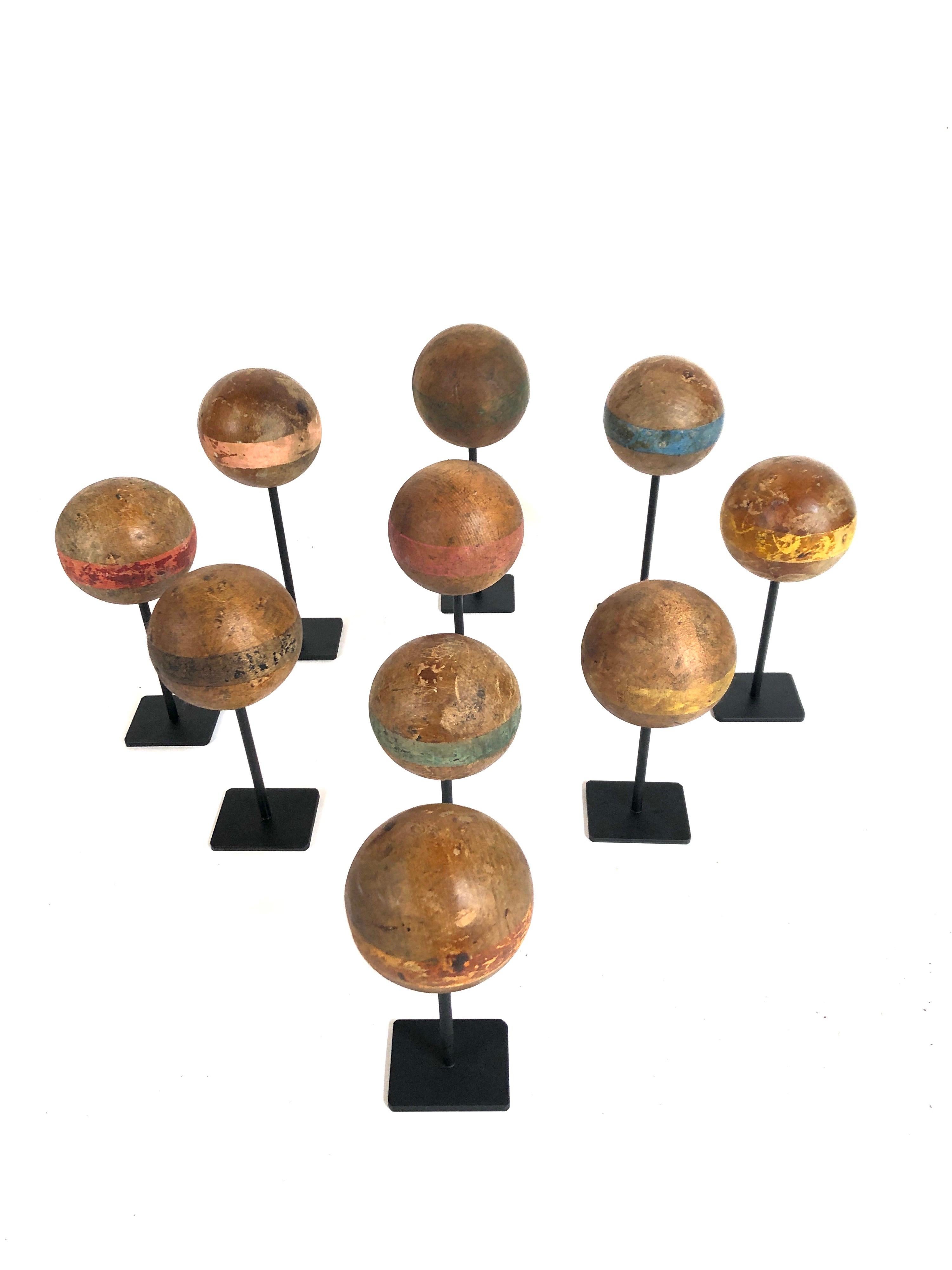 Custom Mounted Collection of Antique Wooden Croquet Balls '10' In Good Condition In Stamford, CT