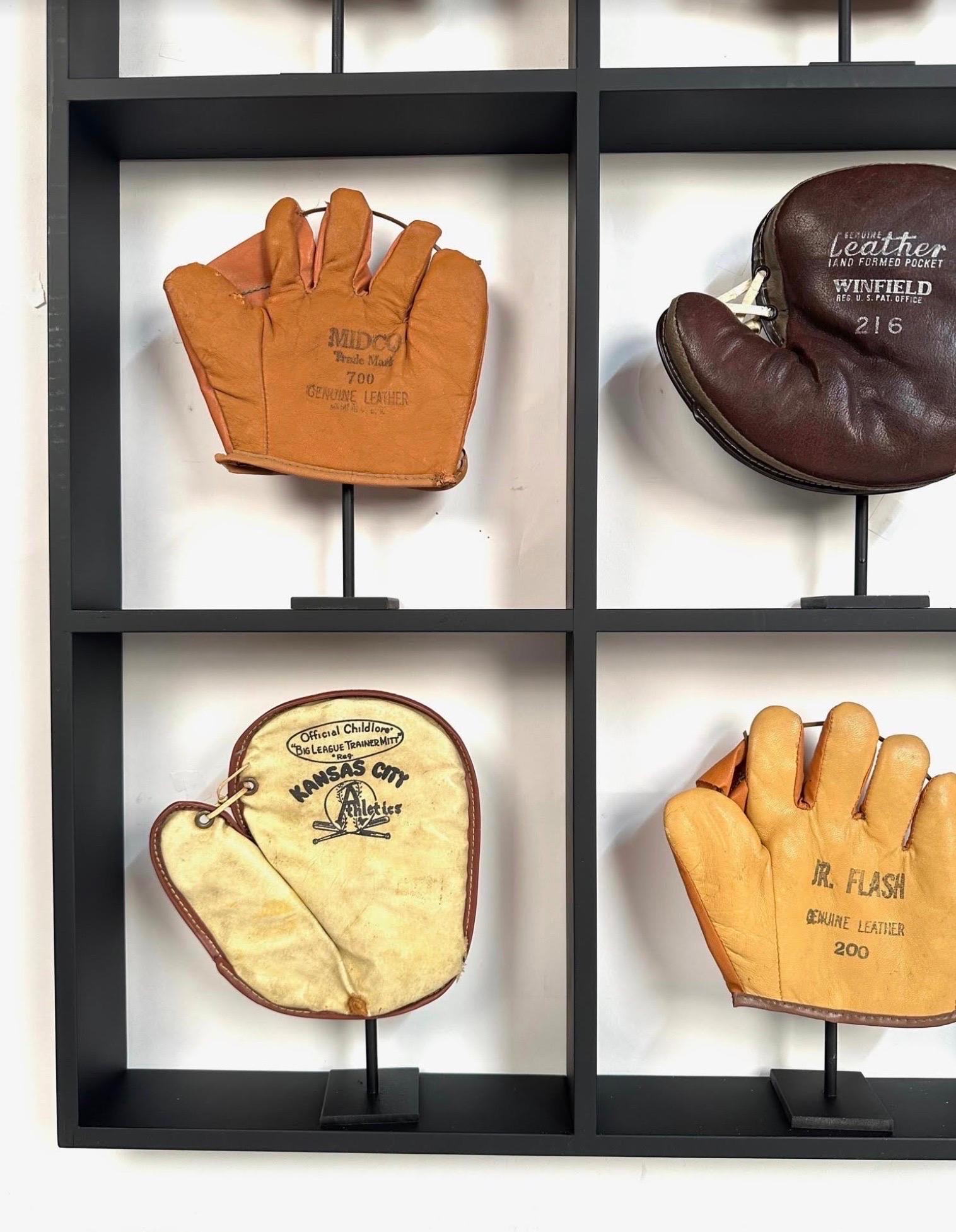 Leather Custom Mounted Display of Antique Child's Baseball Gloves For Sale