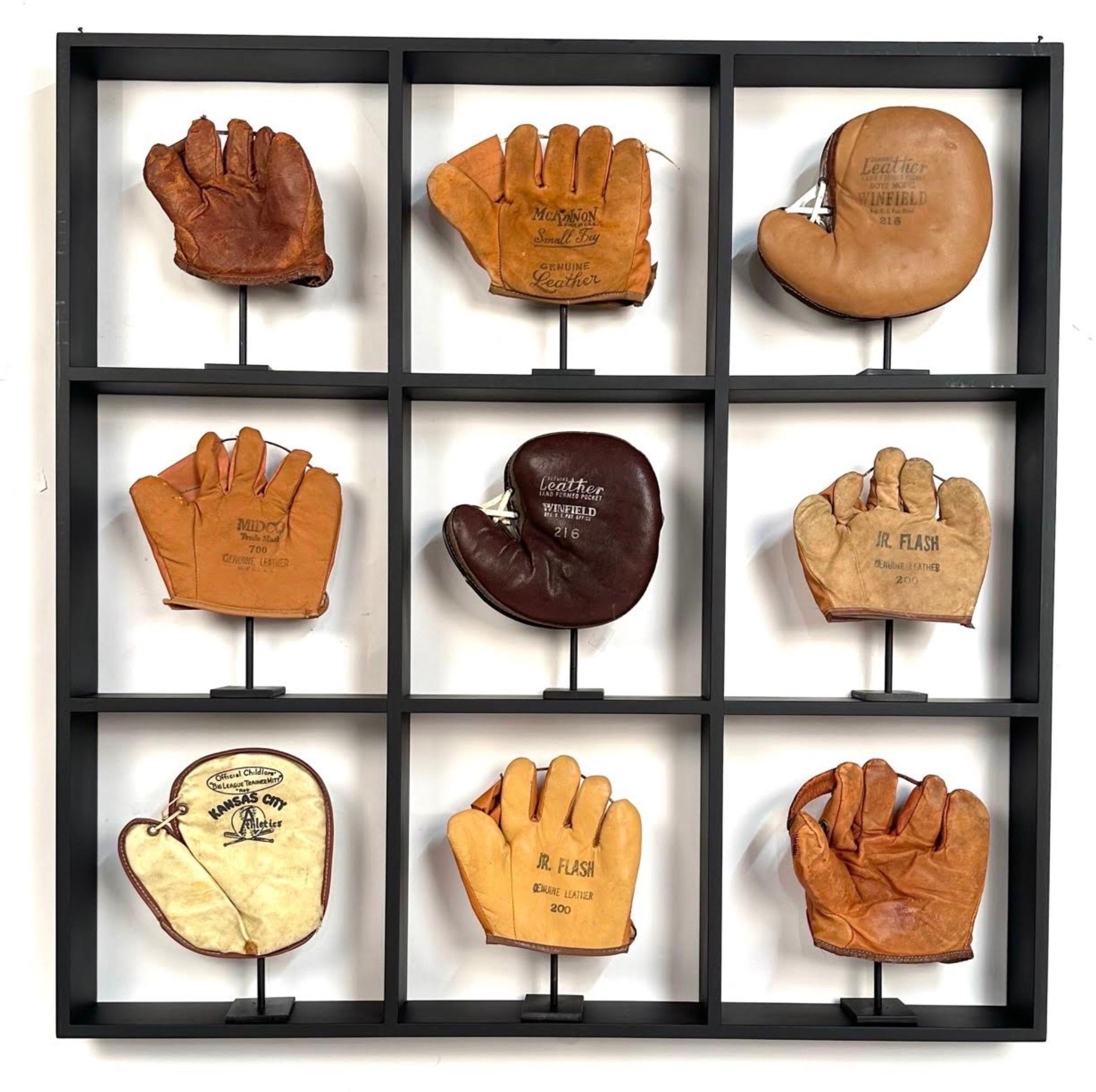 Folk Art Custom Mounted Display of Antique Child's Baseball Gloves For Sale
