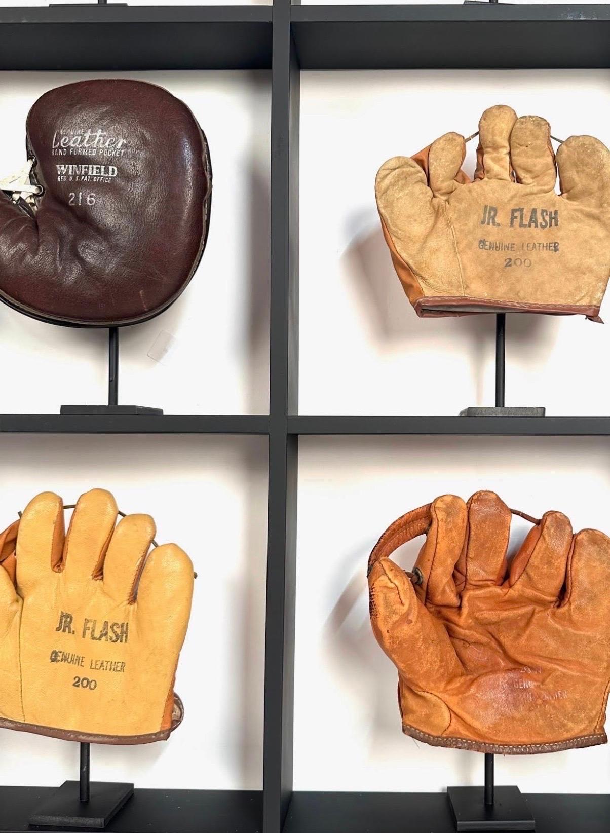 Custom Mounted Display of Antique Child's Baseball Gloves In Good Condition For Sale In West Hartford, CT
