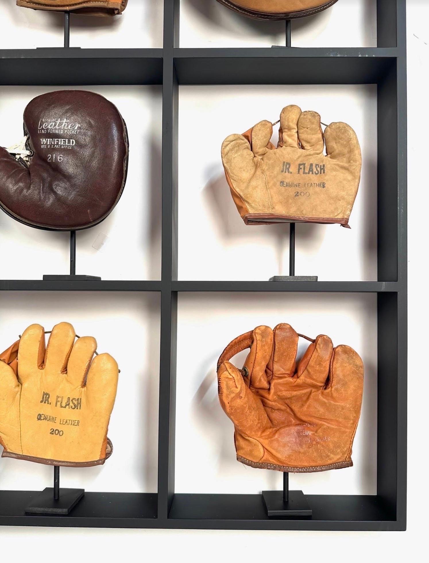 20th Century Custom Mounted Display of Antique Child's Baseball Gloves For Sale