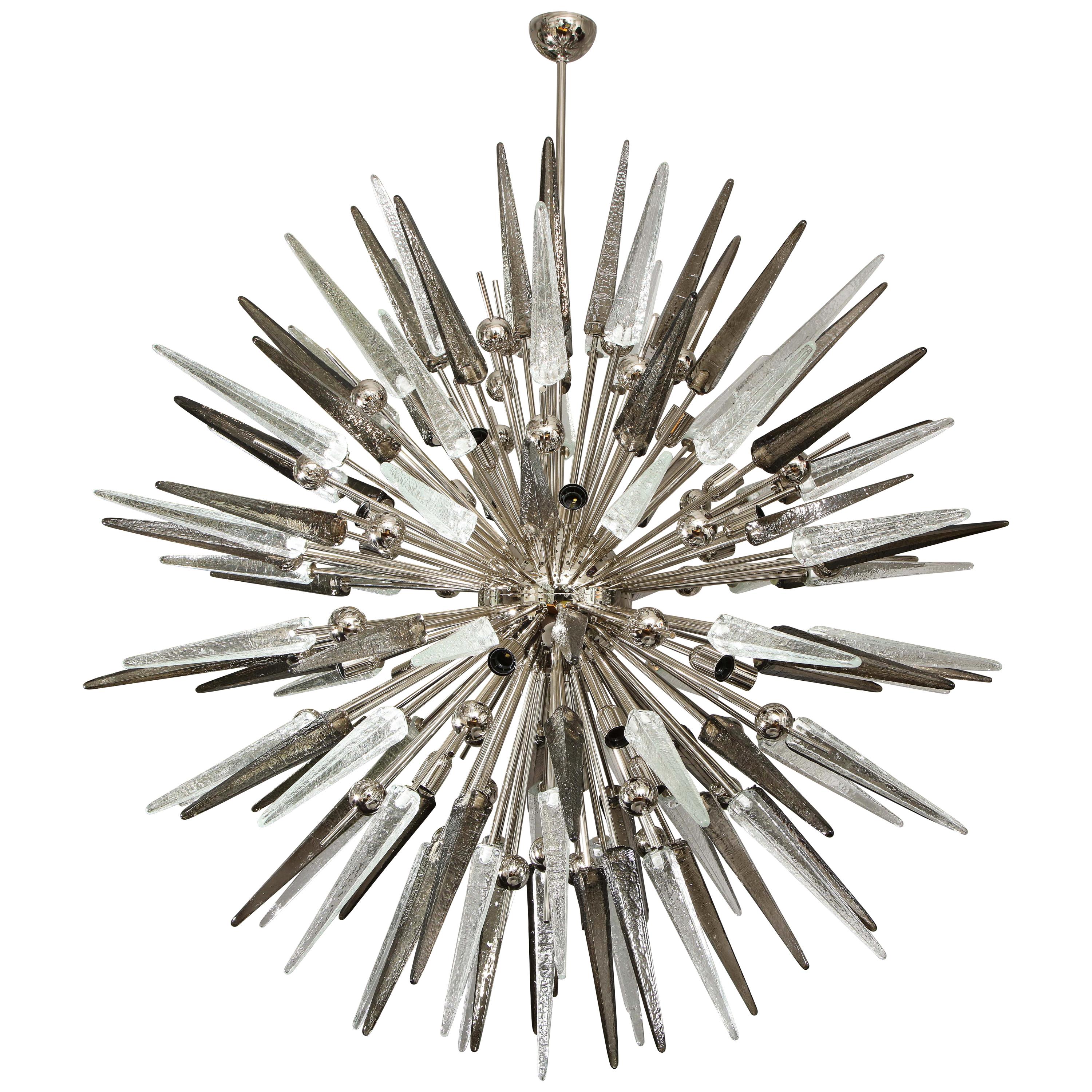 Clear and Smoke Murano Glass Spike Sputnik Chandelier With Metal Spheres