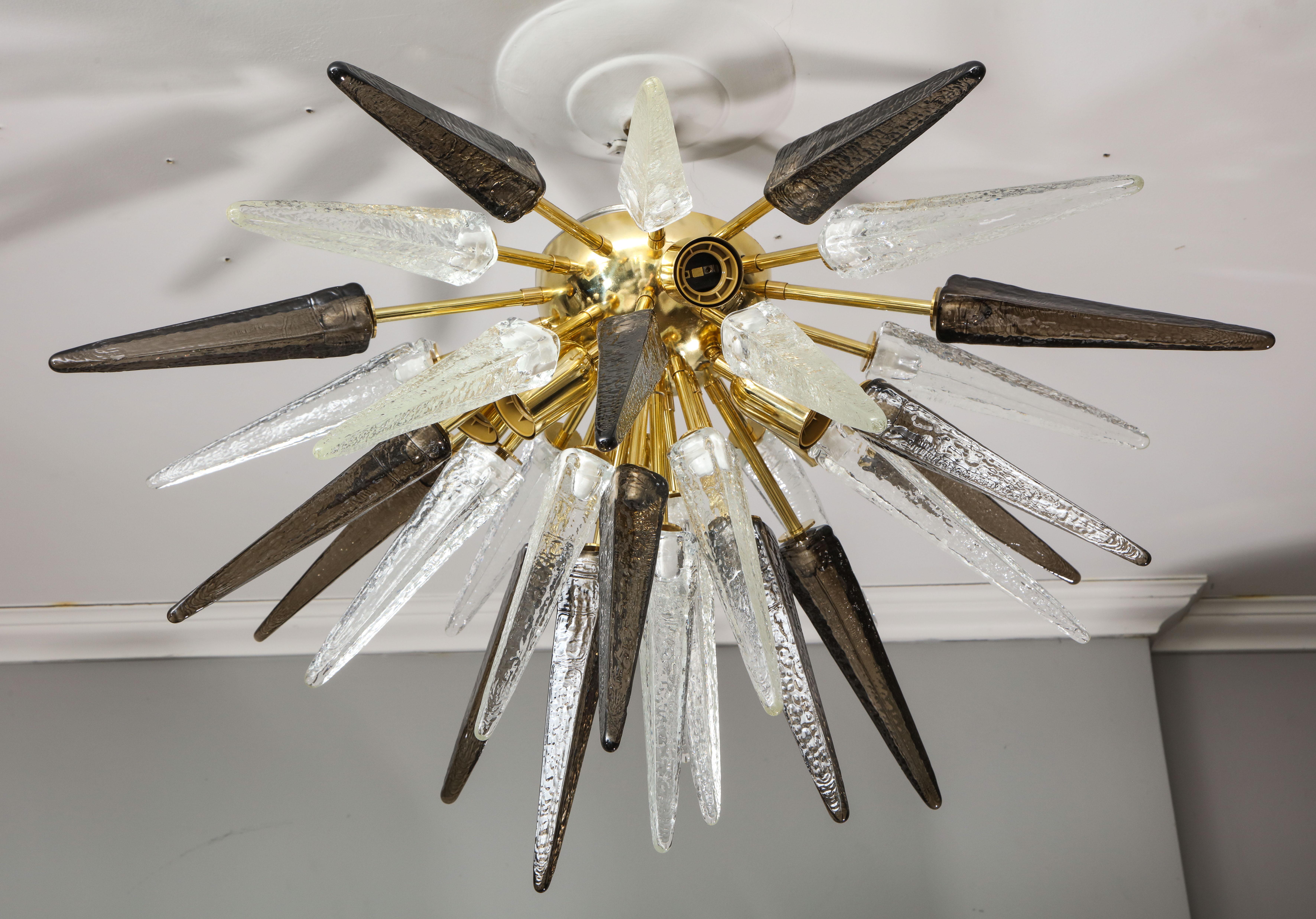 Polished Custom Clear and Smoke Murano Glass Spike Flush Mount For Sale