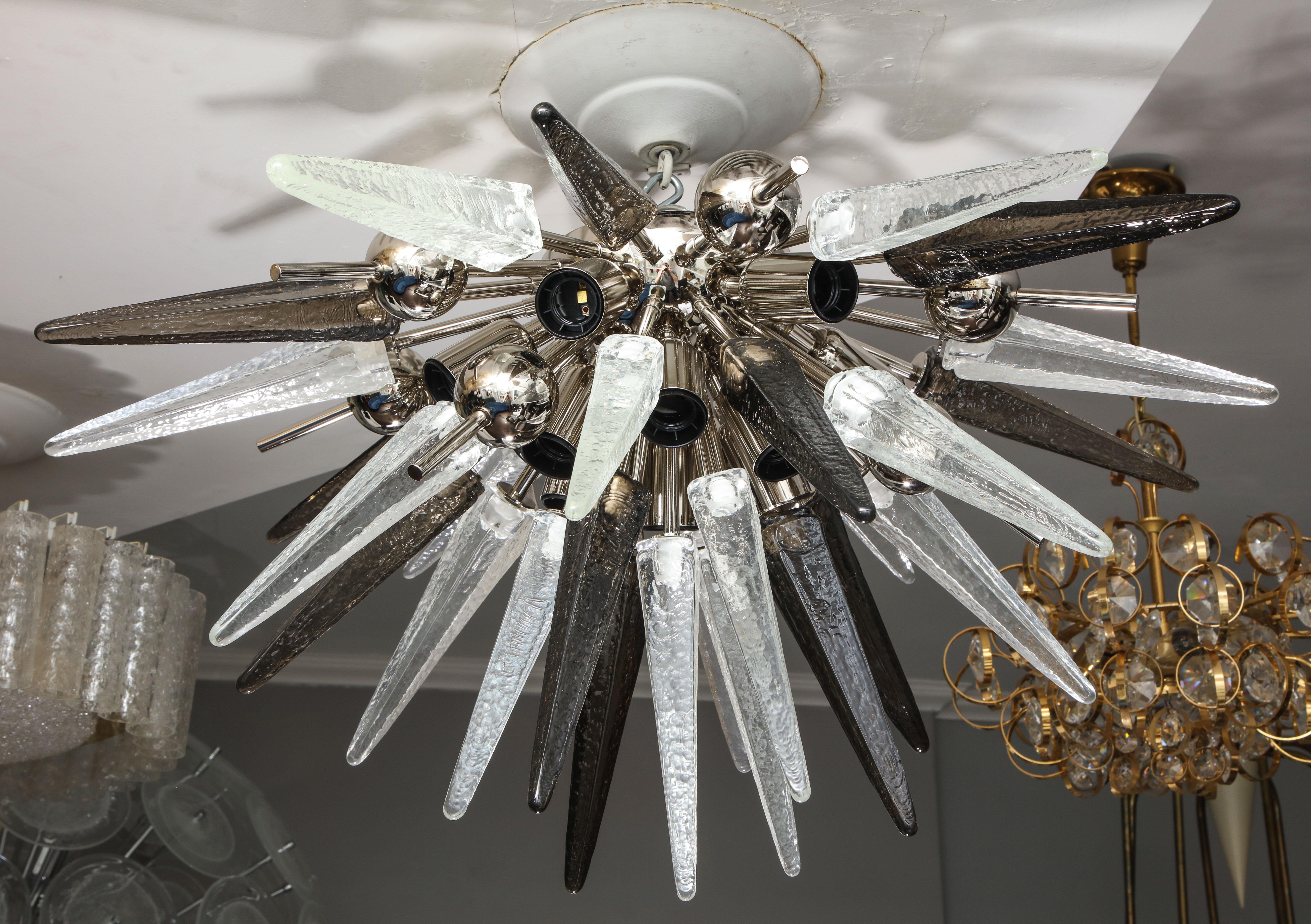 Custom clear and smoke Murano glass spike flush mount with metal spheres. Customization is available in different sizes, glass colors and finishes.