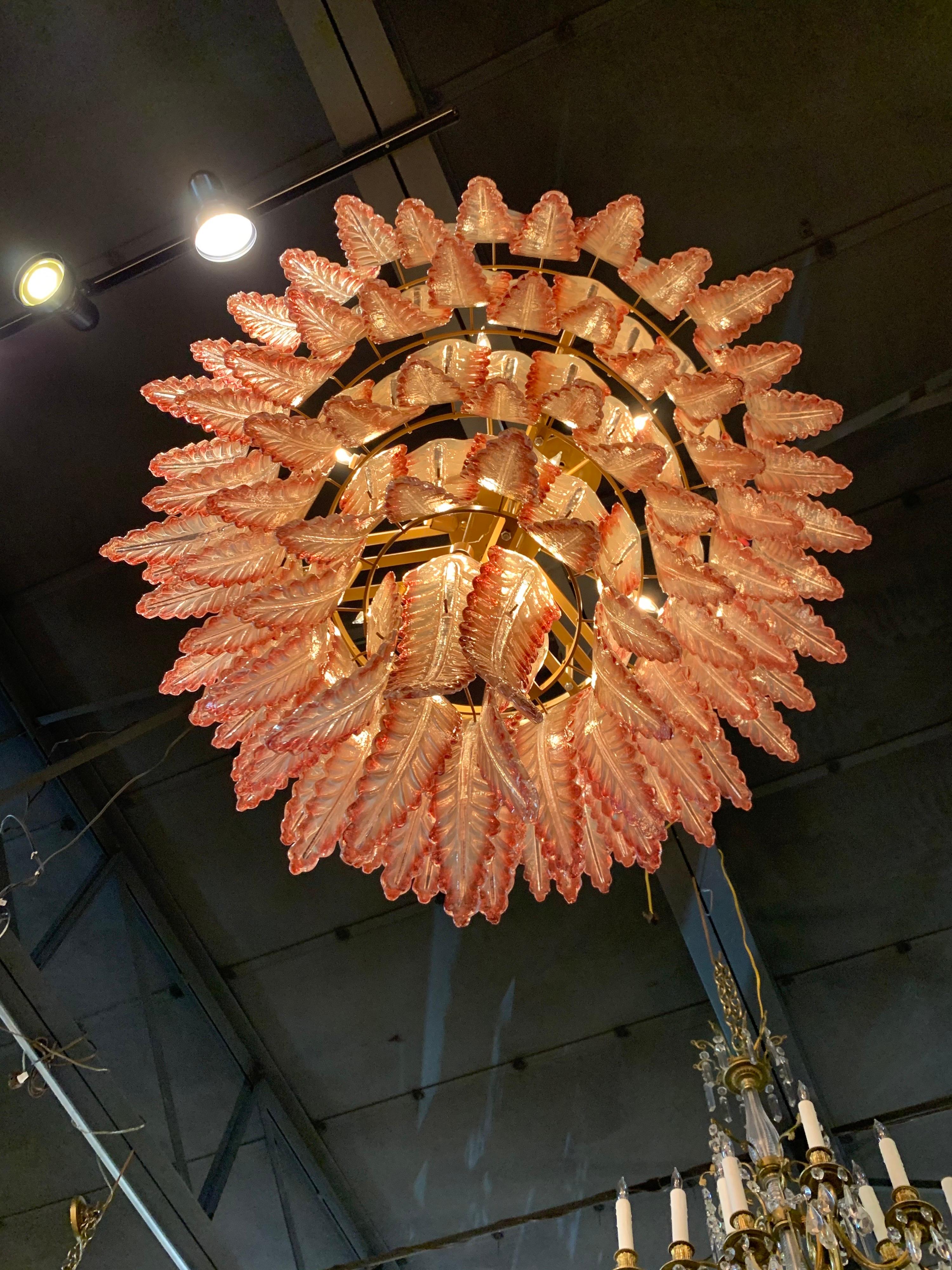 Custom Murano Glass Coral Leaf Waterfall Chandelier In Good Condition In Dallas, TX