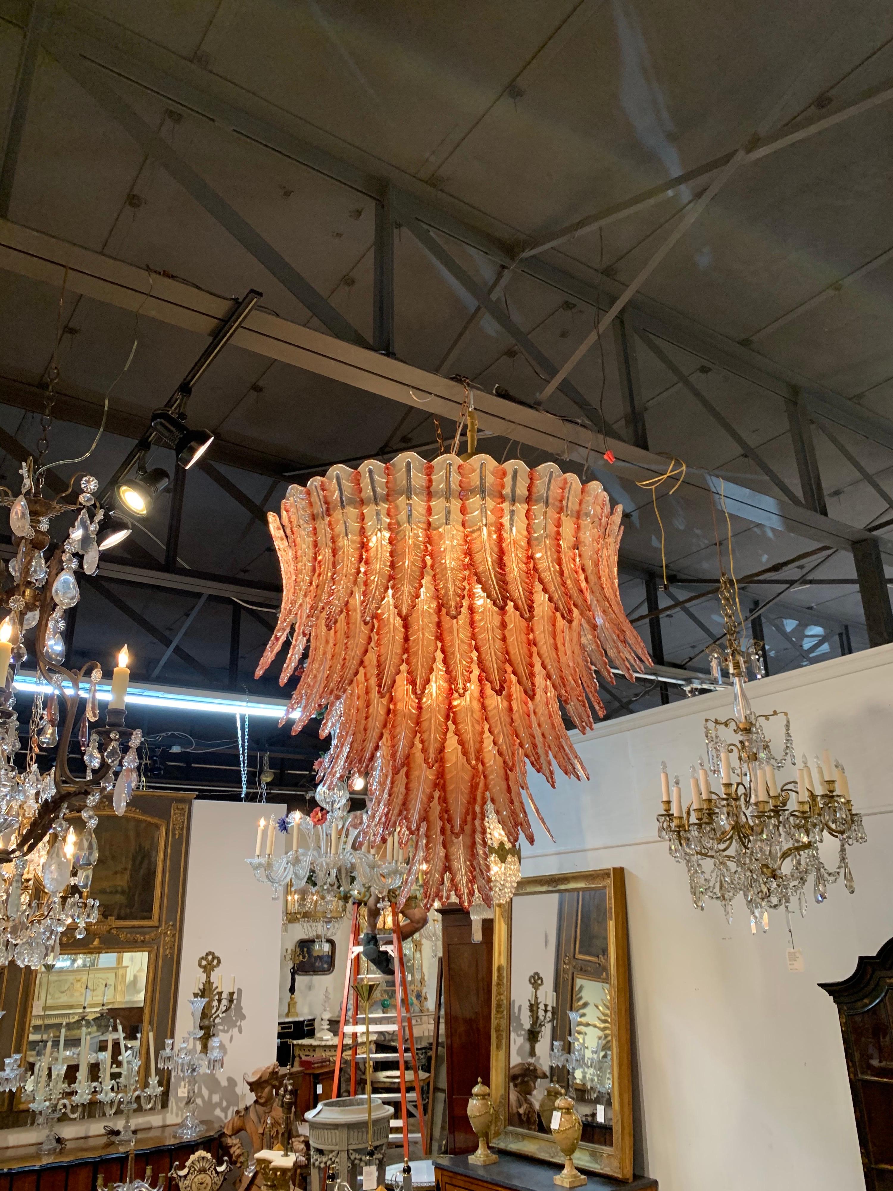 Contemporary Custom Murano Glass Coral Leaf Waterfall Chandelier