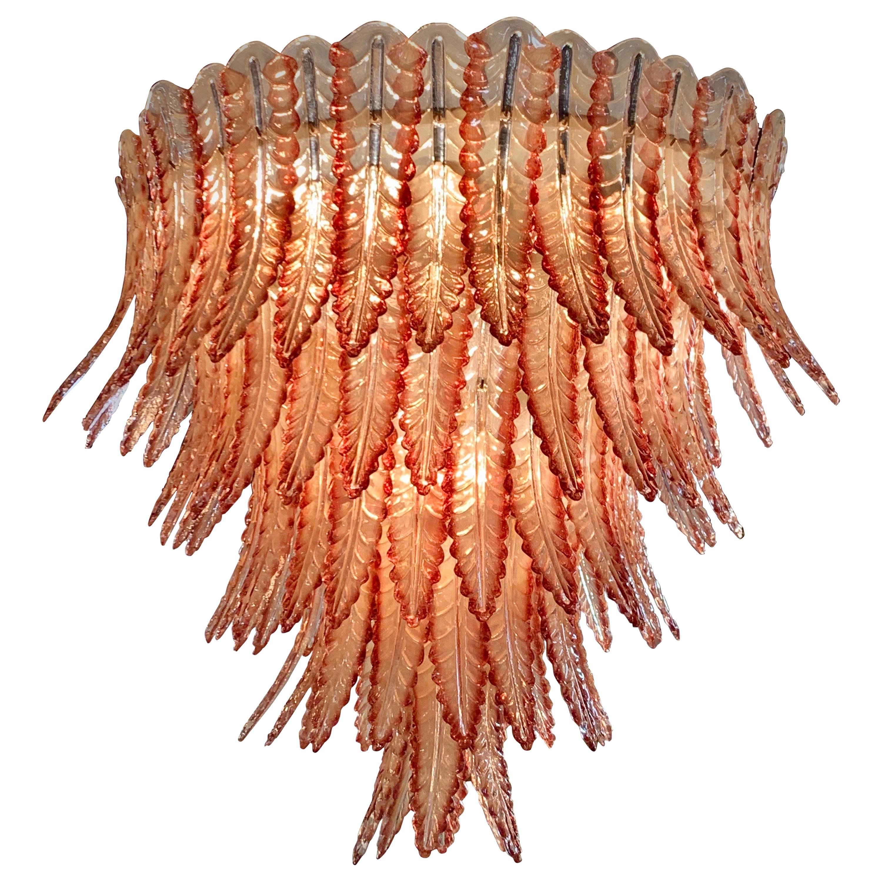 Custom Murano Glass Coral Leaf Waterfall Chandelier