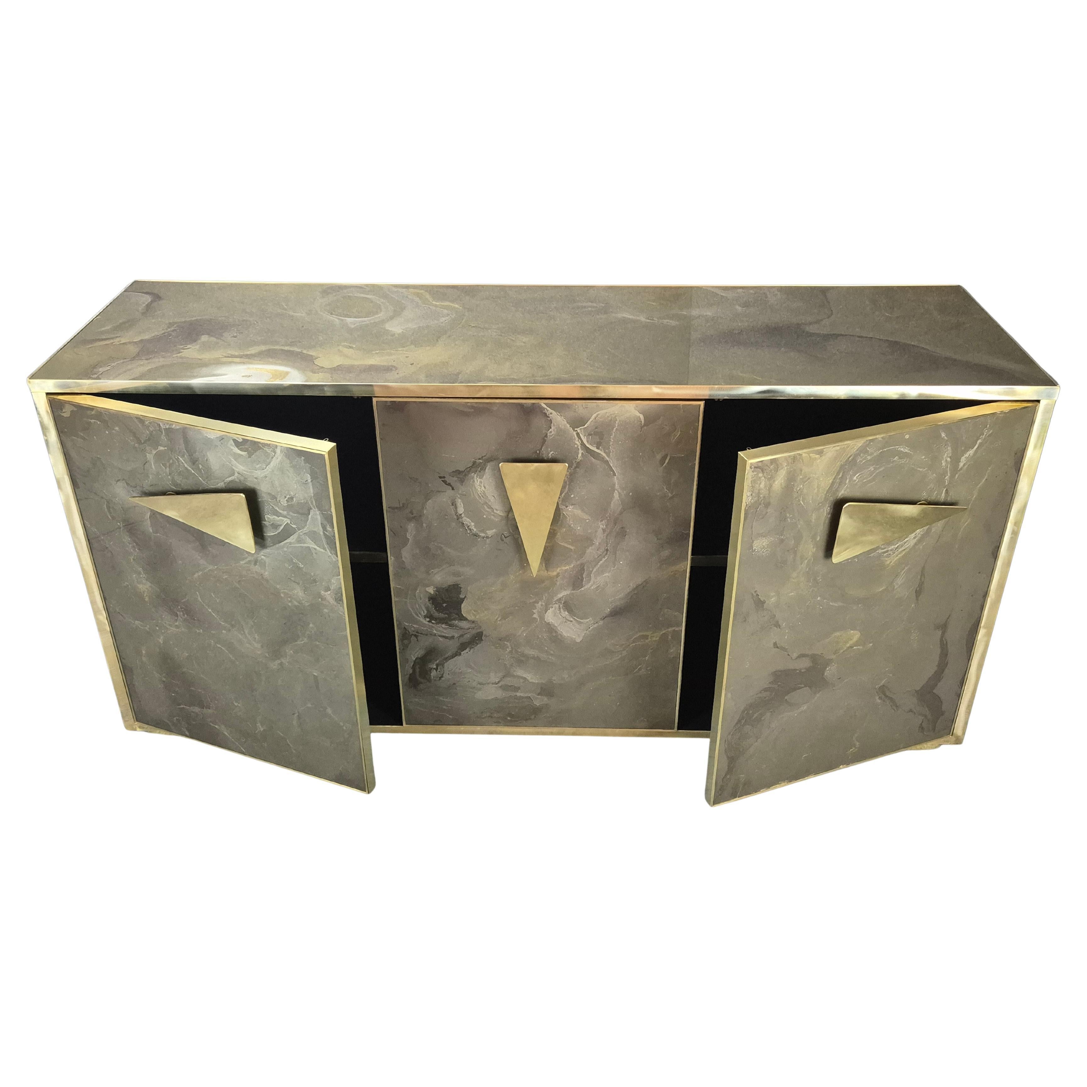 Custom Murano Glass Sideboard with Hand-Painted Doors and Brass Details in vendita