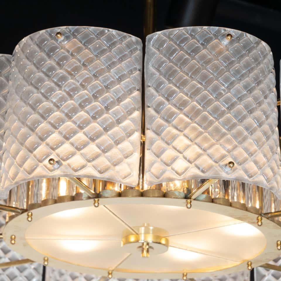 Contemporary Custom Made Murano Ivory Pearlized Glass and Brass Round Chandelier, Italy For Sale
