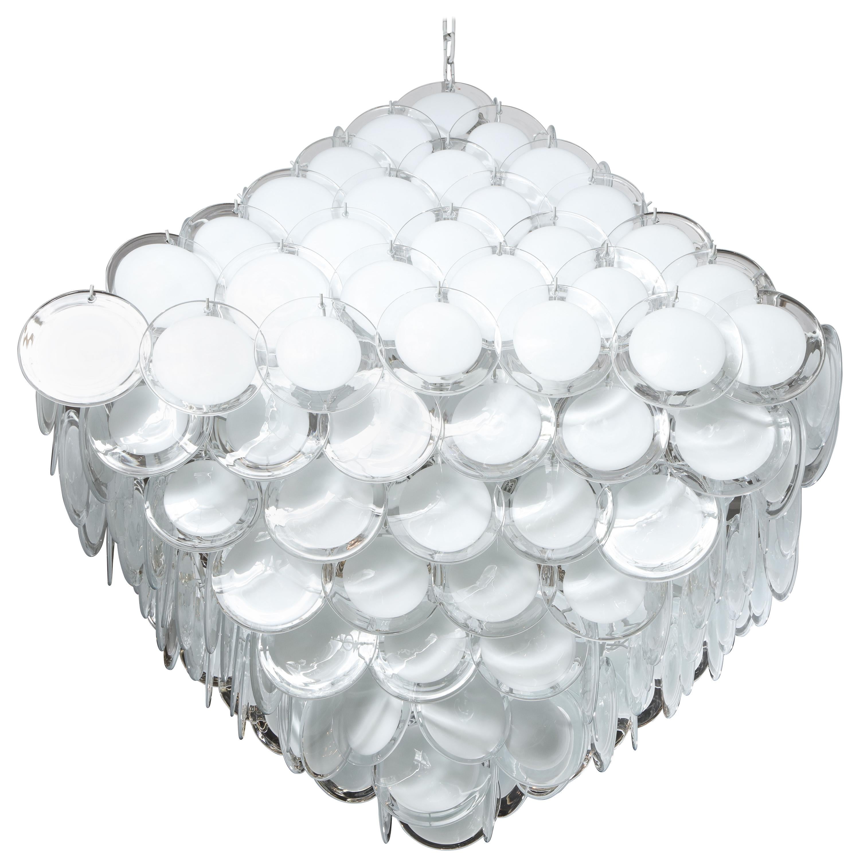 Huge White Murano Glass Disc Chandelier in Double Pyramid Shape For Sale