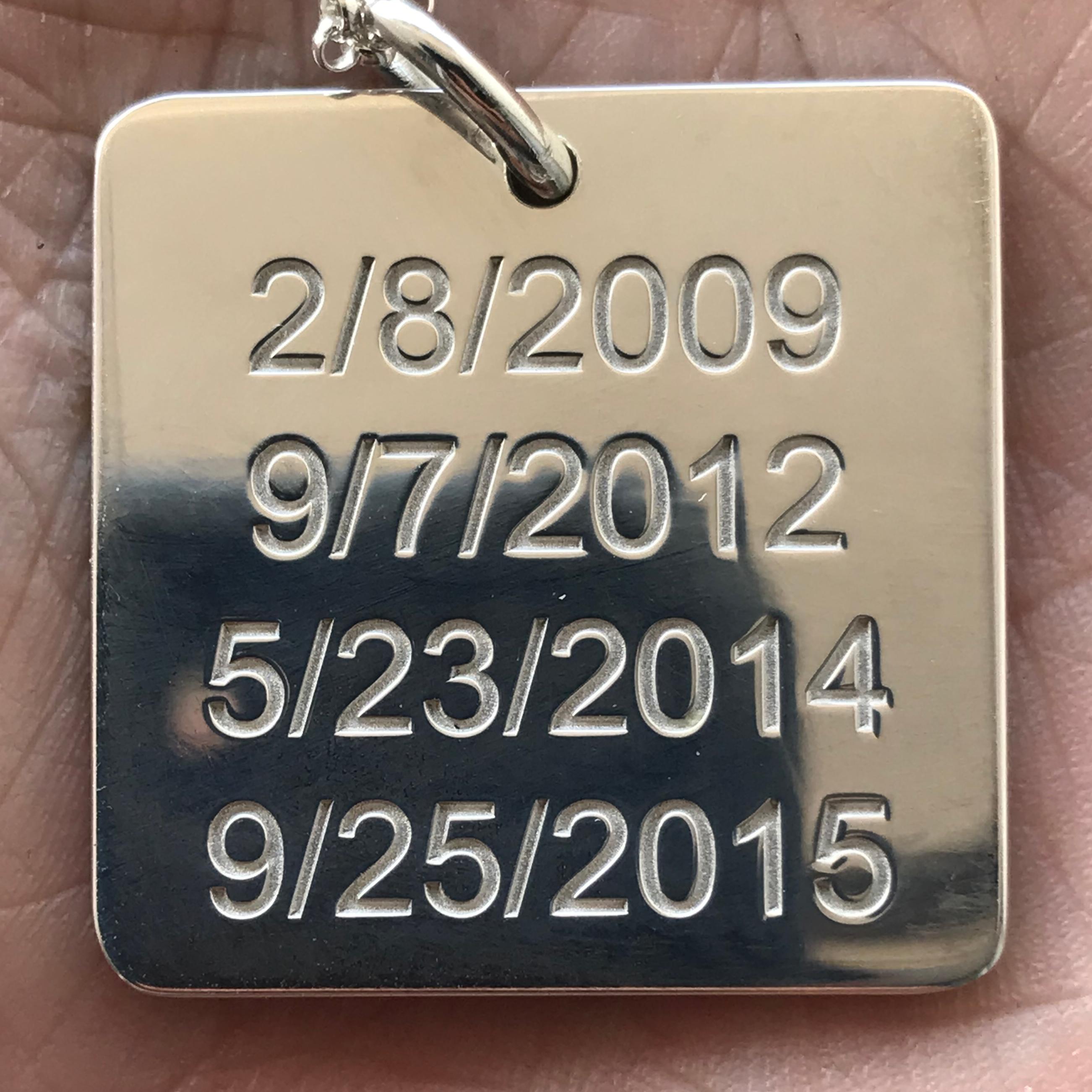 2000071

Dog Tags will be custom  made to order, please allow 1- 2 weeks from the time we have design approval from you.  but if you have a sooner delivery date needed let us know and we will see if we can accommodate you. We can engrave any names