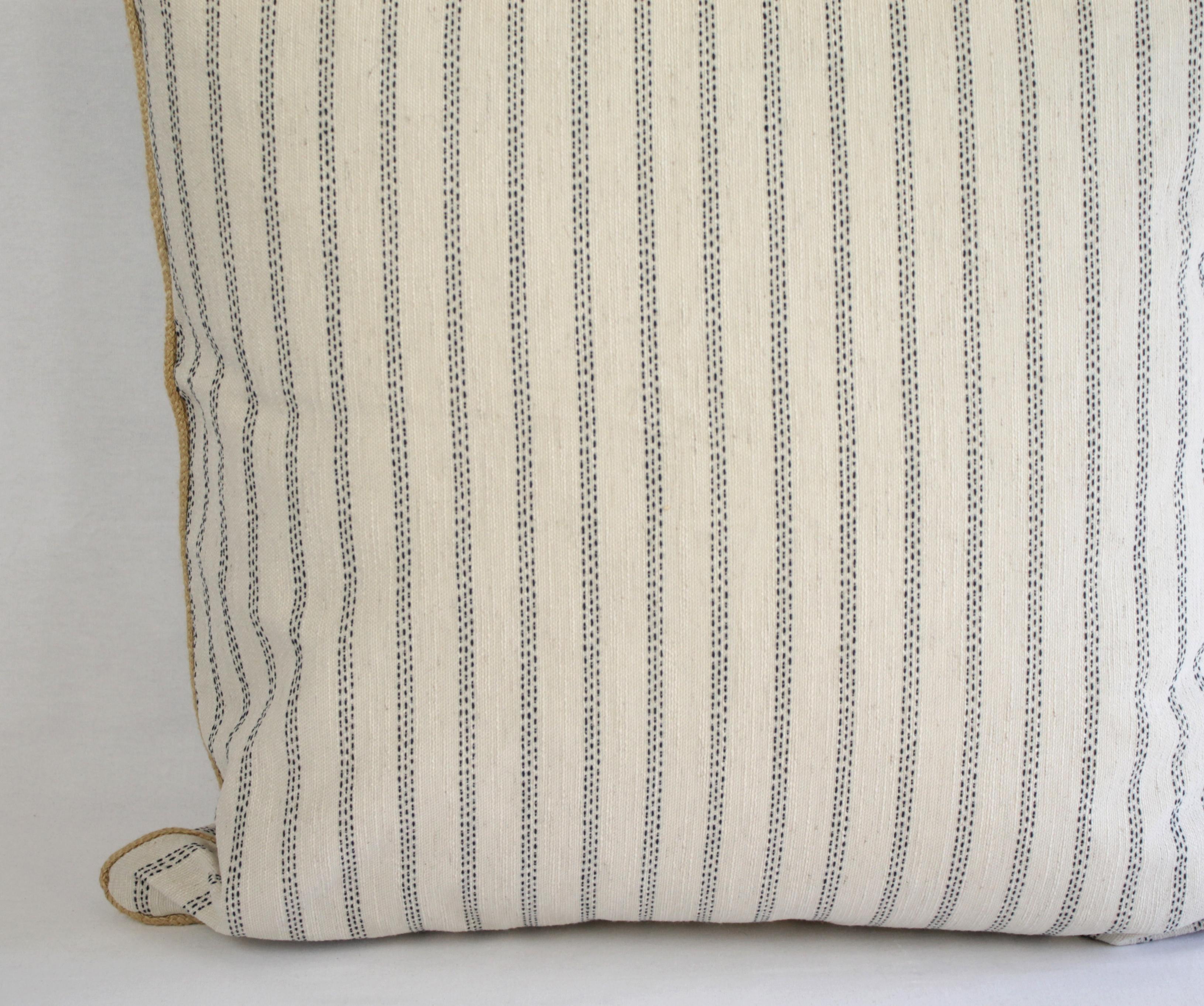 Custom Natural and Navy Ticking Stripe Pillow with Braided Jute Cord 6