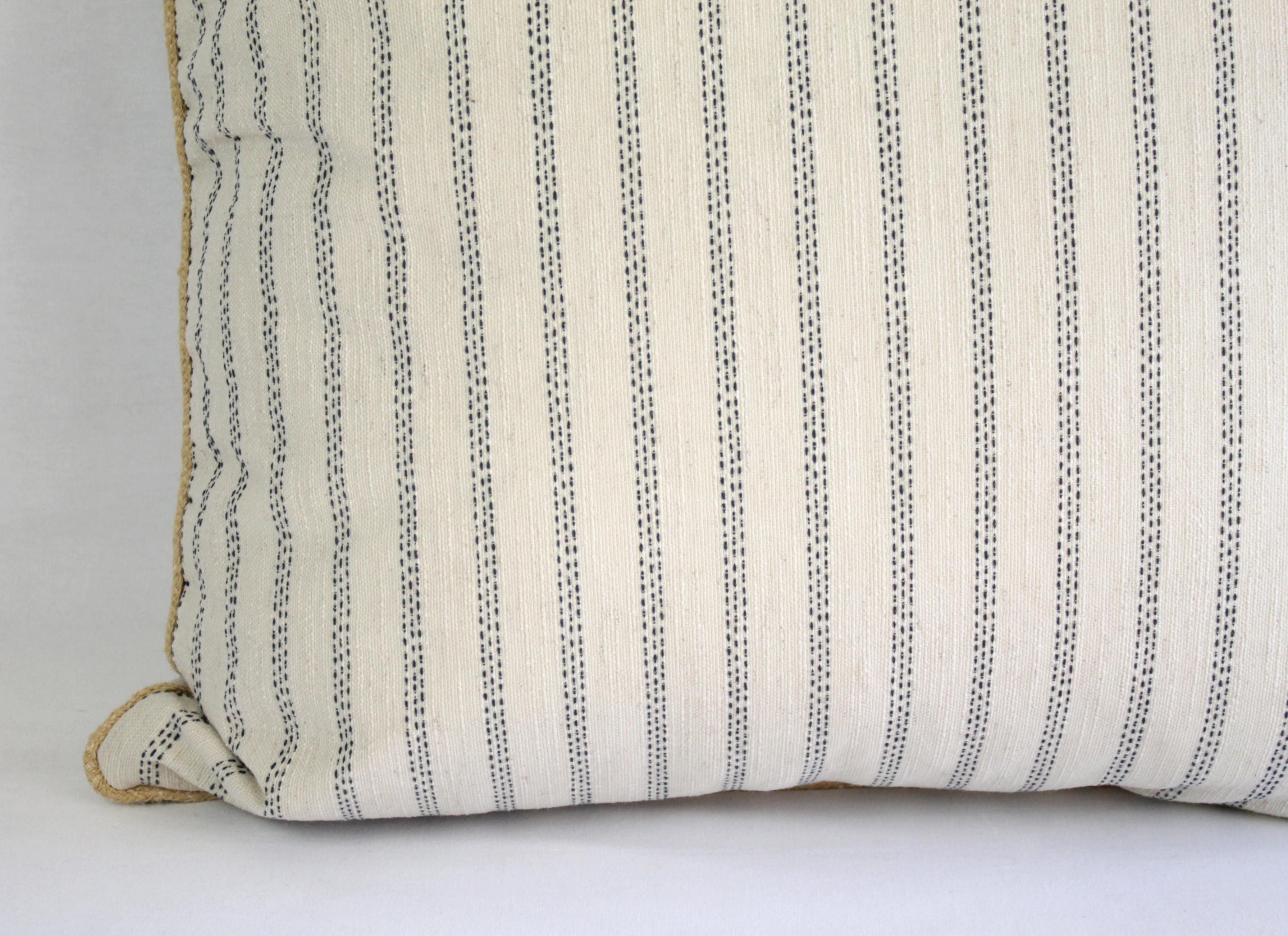 Custom Natural and Navy Ticking Stripe Pillow with Braided Jute Cord 5
