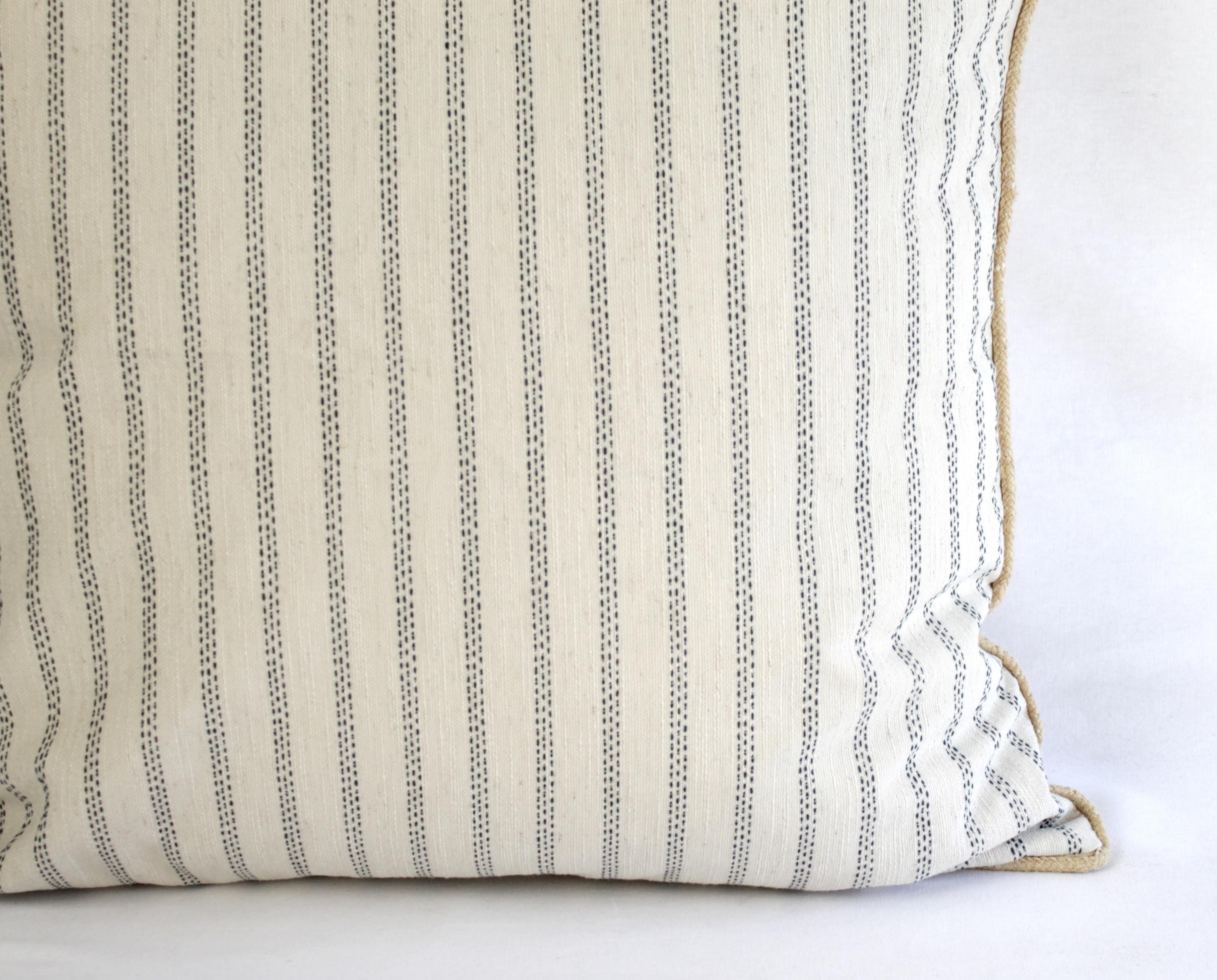 Custom Natural and Navy Ticking Stripe Pillow with Braided Jute Cord 7