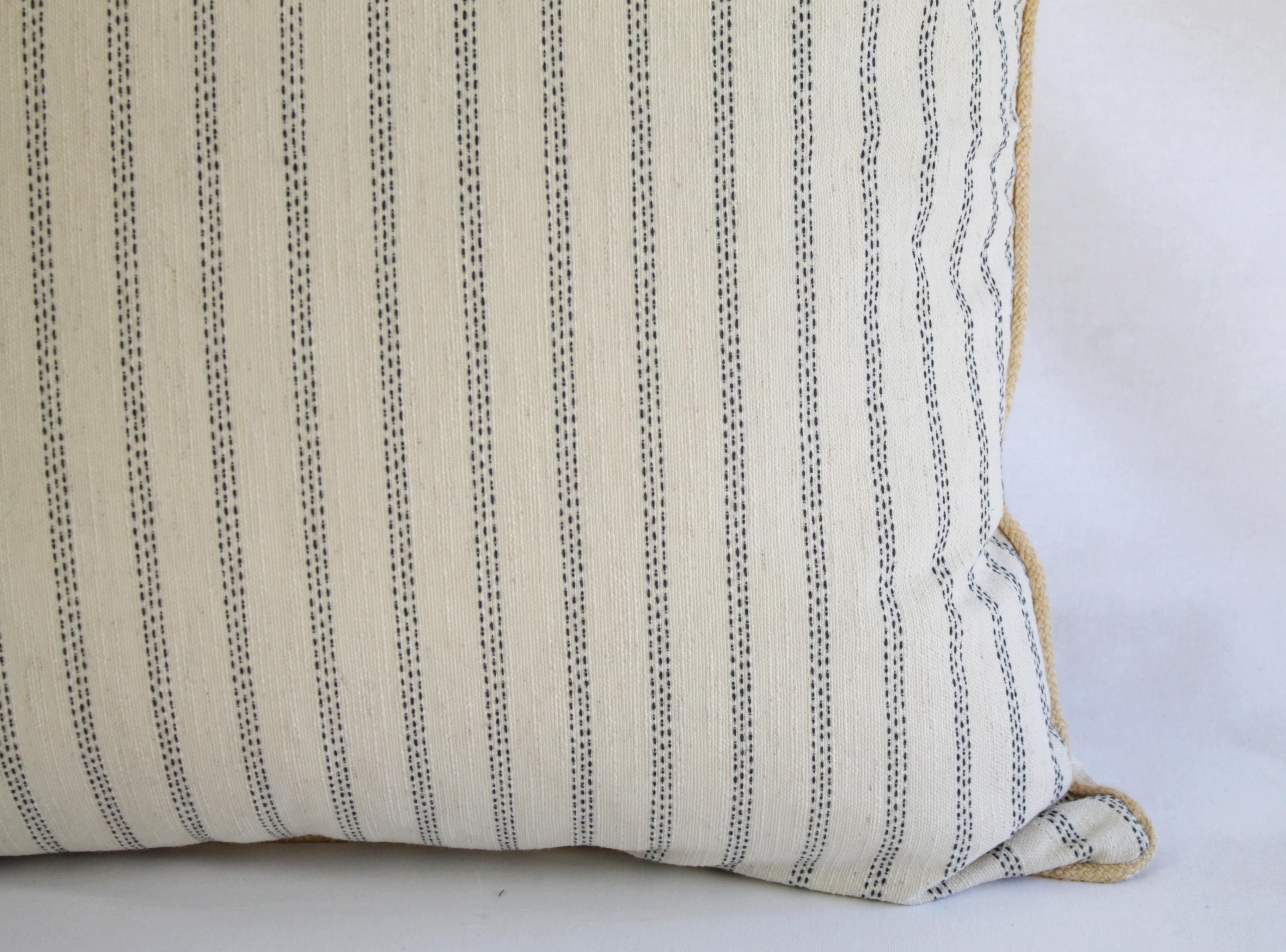 Custom Natural and Navy Ticking Stripe Pillow with Braided Jute Cord 6