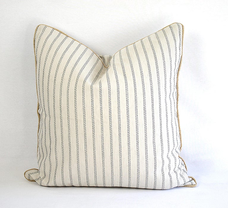 Custom Natural And Navy Ticking Stripe Pillow With Braided Jute
