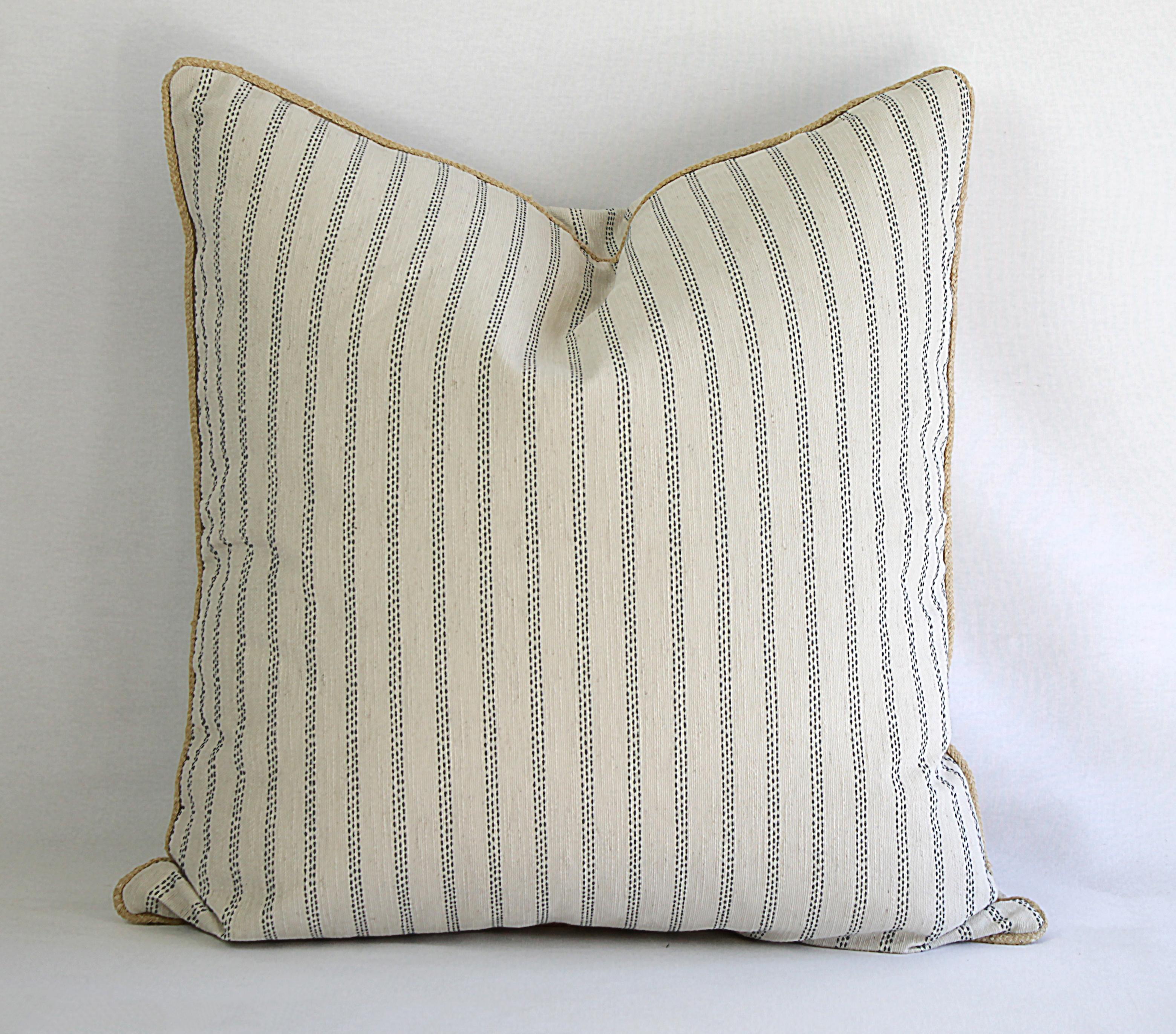 Custom Natural and Navy Ticking Stripe Pillow with Braided Jute Cord 7