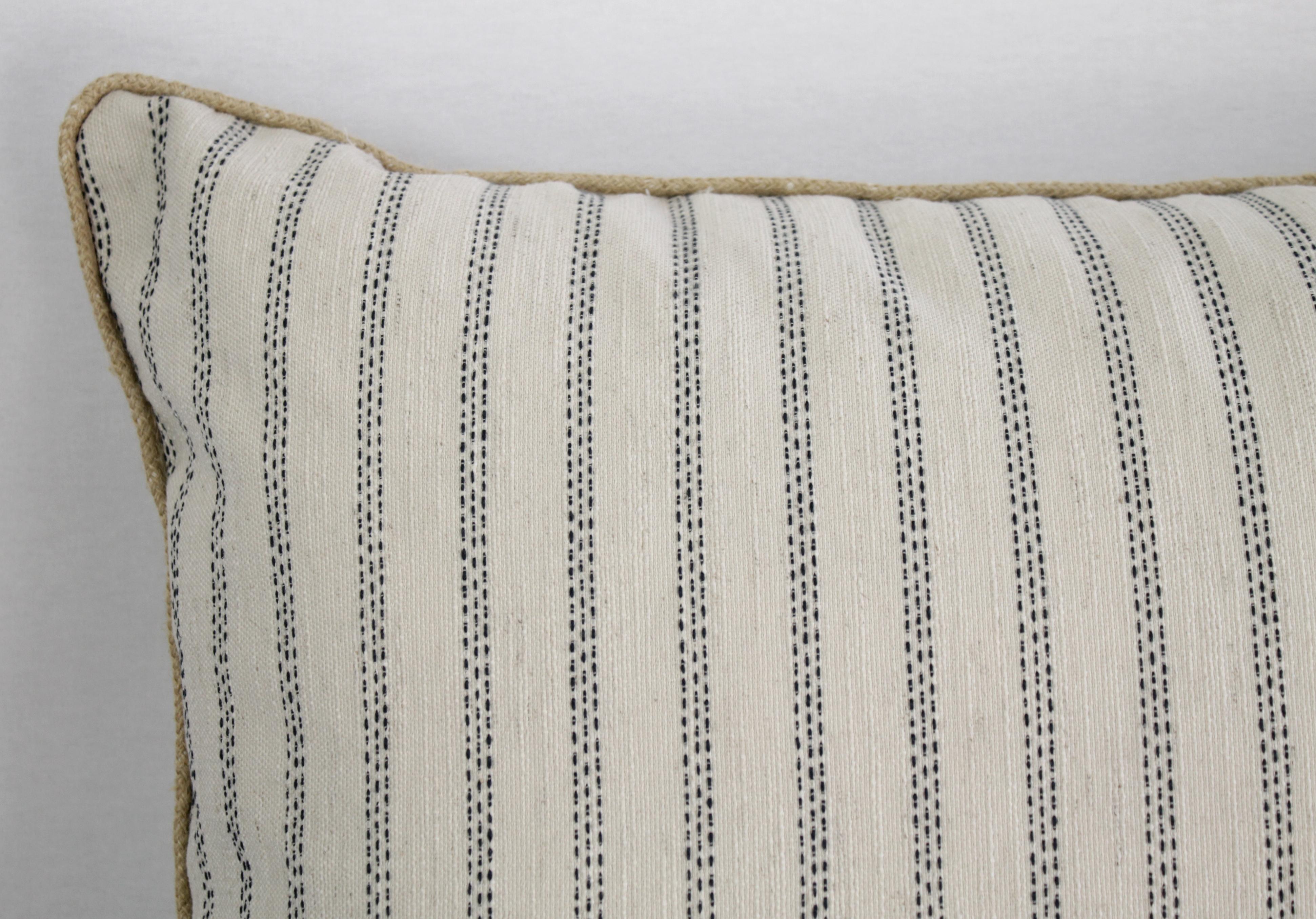 Custom natural and navy ticking stripe pillow with braided jute cord
Zipper closure, machine washable.
Measures: 26 x 26
No insert is included.