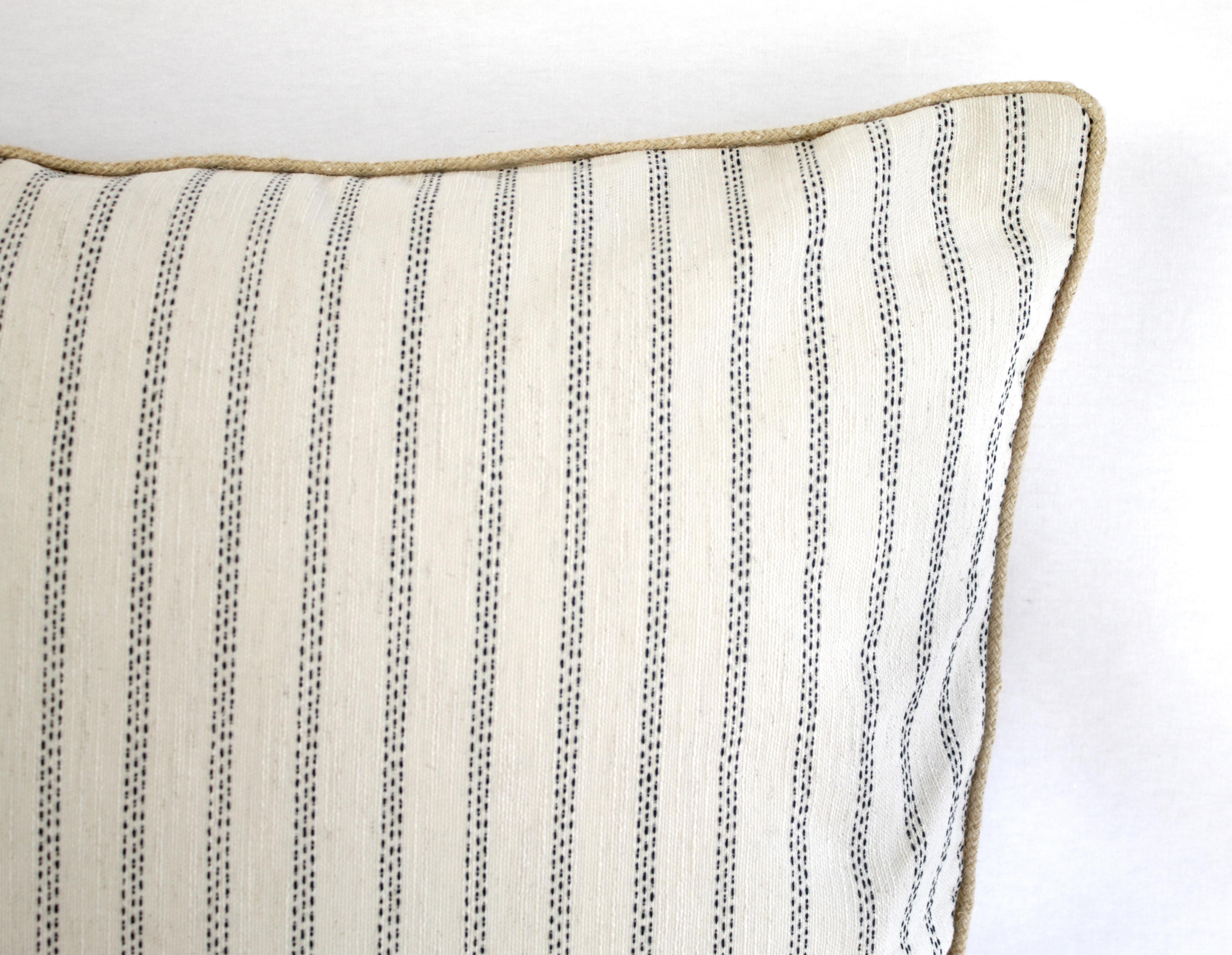 Custom Natural and Navy Ticking Stripe Pillow with Braided Jute Cord In New Condition In Brea, CA