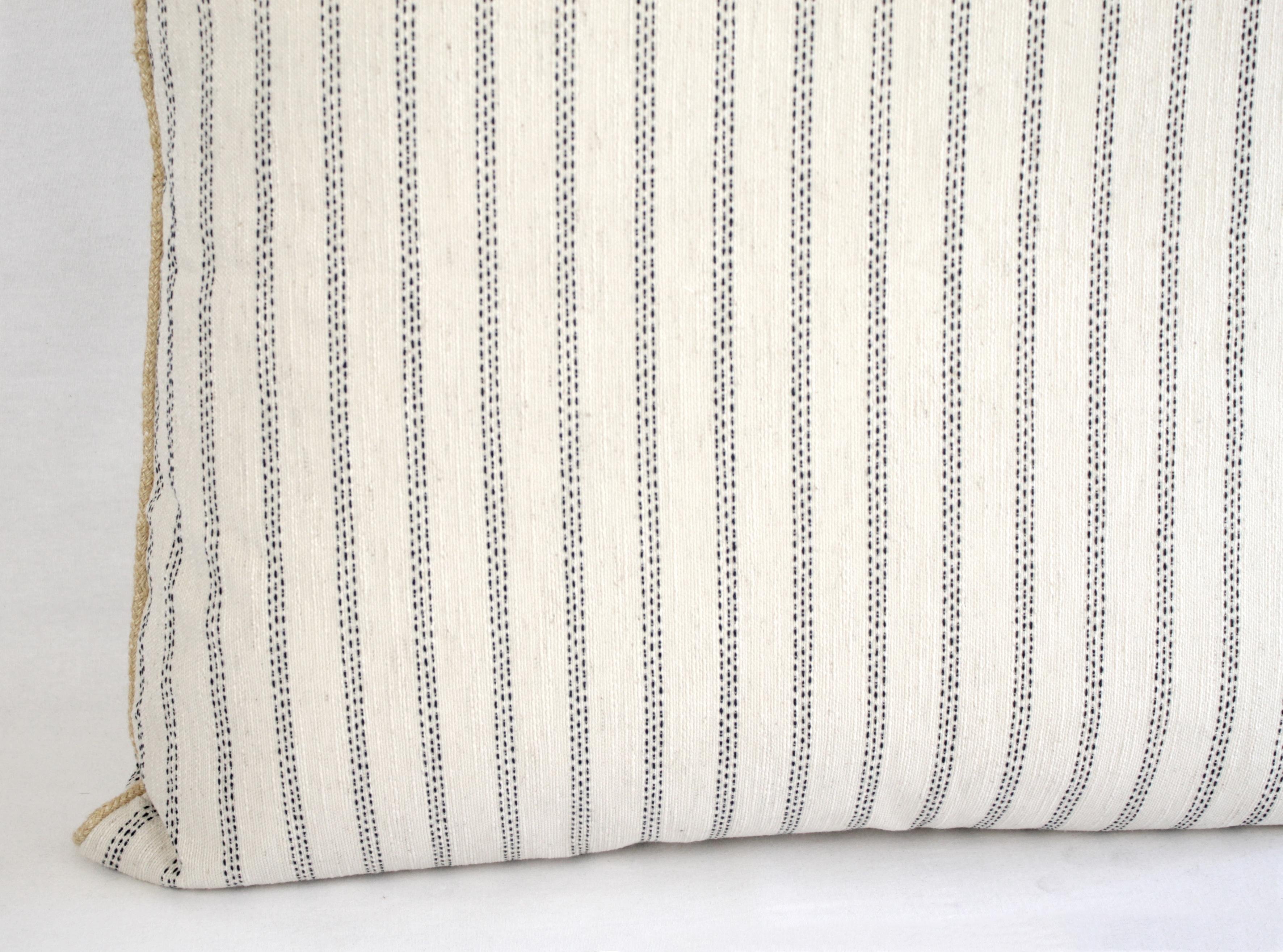 Contemporary Custom Natural and Navy Ticking Stripe Pillow with Braided Jute Cord
