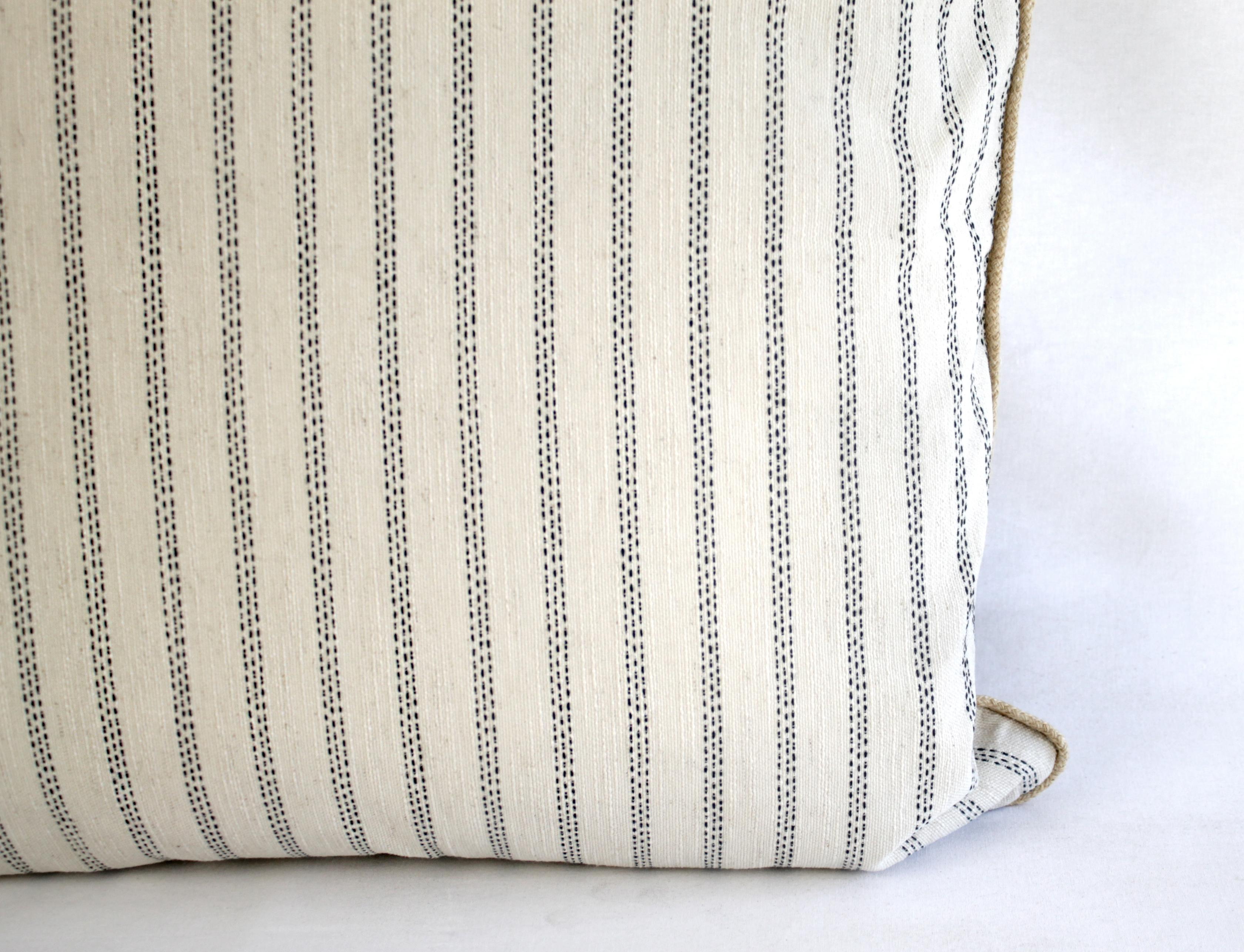 Custom Natural and Navy Ticking Stripe Pillow with Braided Jute Cord 1