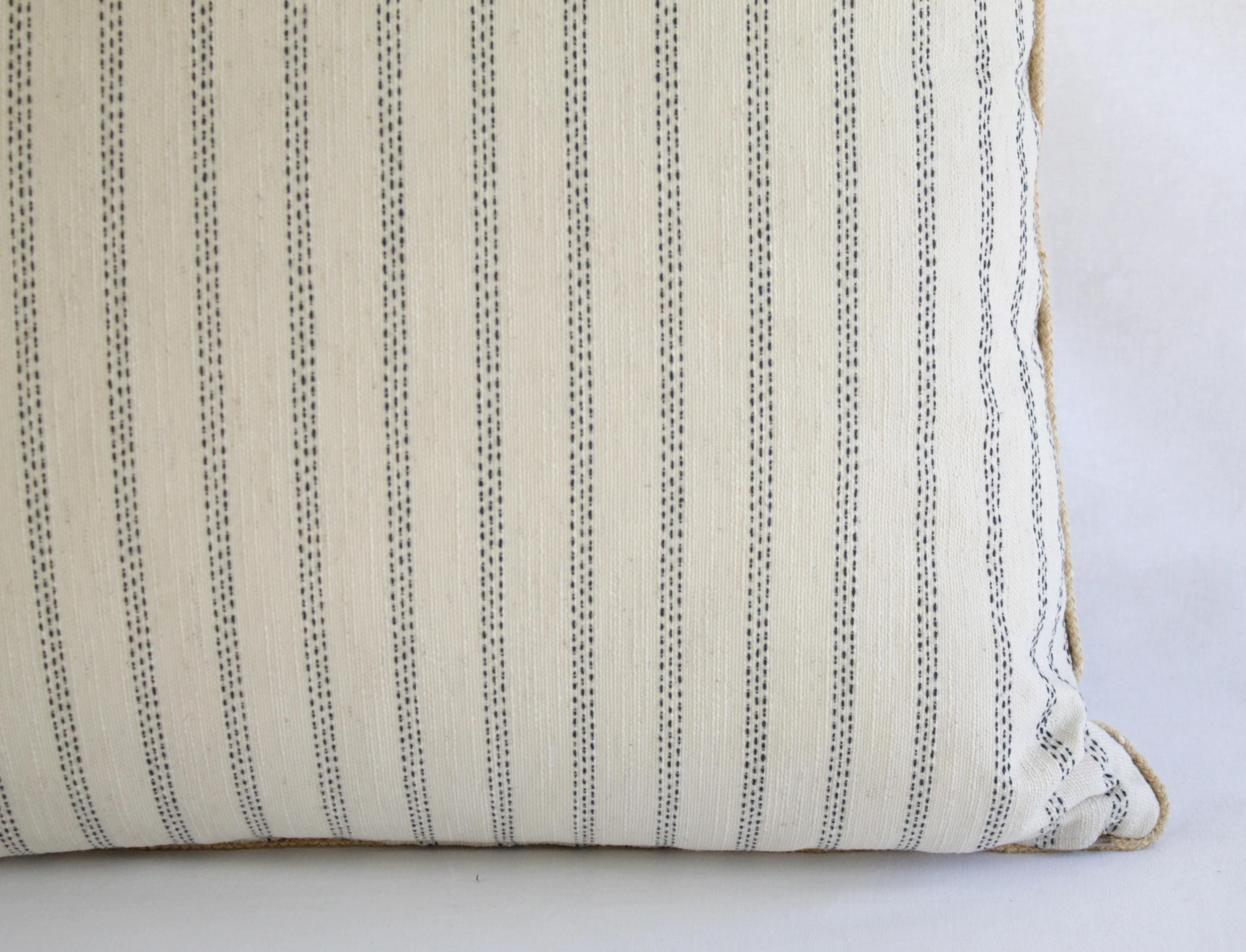 Linen Custom Natural and Navy Ticking Stripe Pillow with Braided Jute Cord