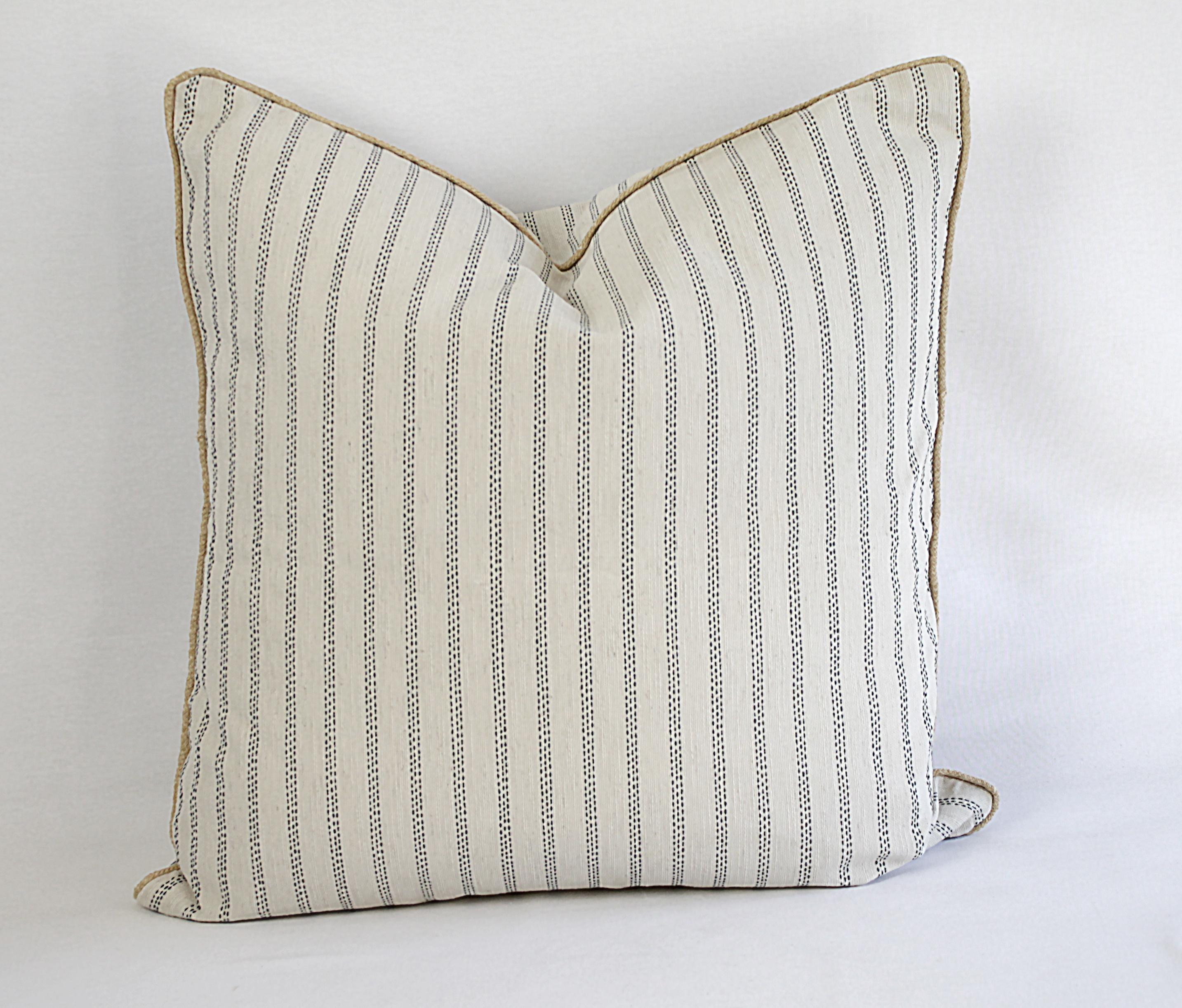 Custom Natural and Navy Ticking Stripe Pillow with Braided Jute Cord 2