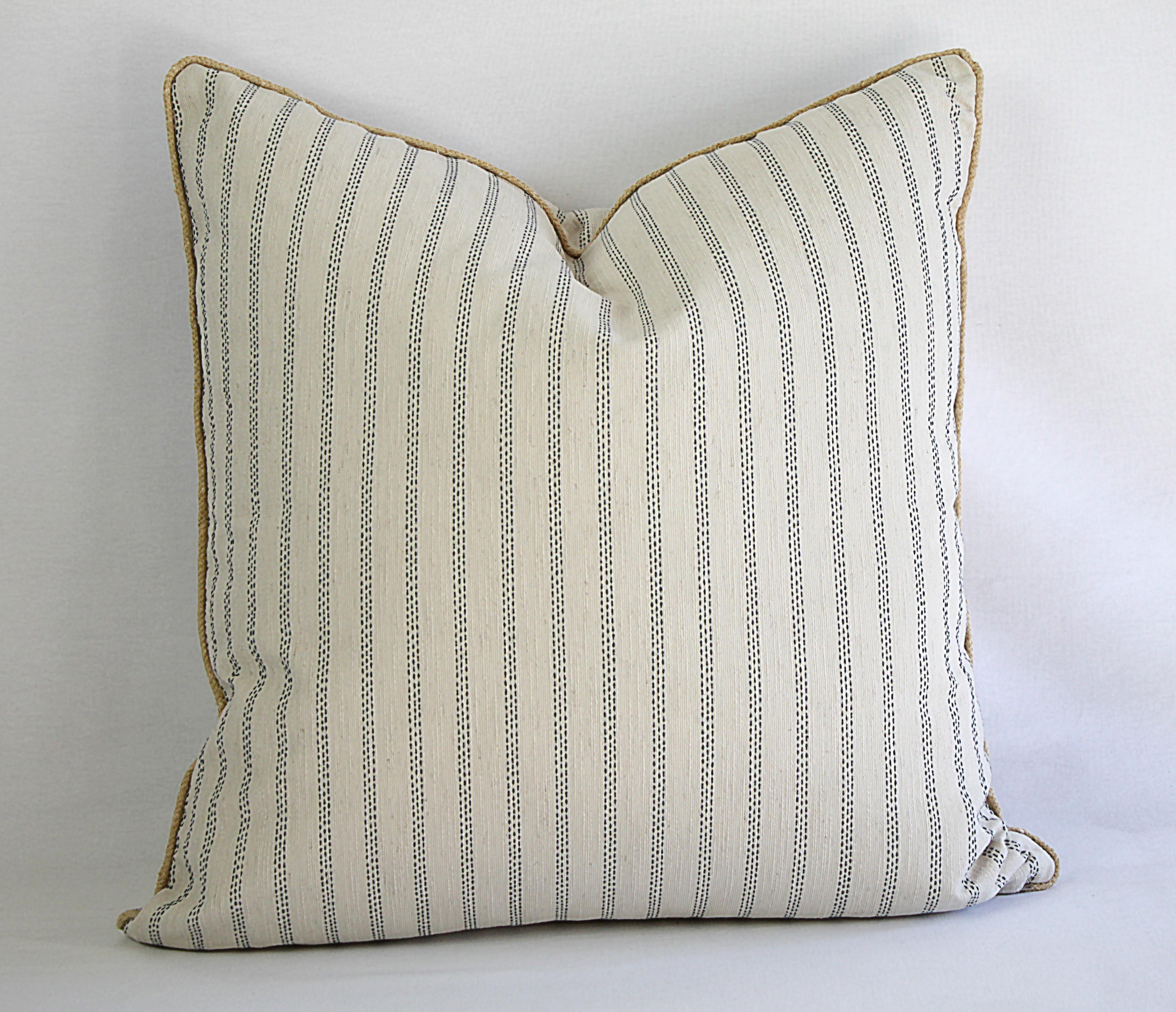 Custom Natural and Navy Ticking Stripe Pillow with Braided Jute Cord 1