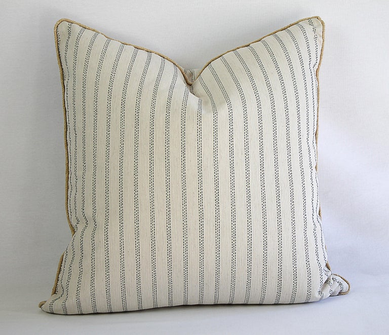 Custom Natural And Navy Ticking Stripe Pillow With Braided Jute