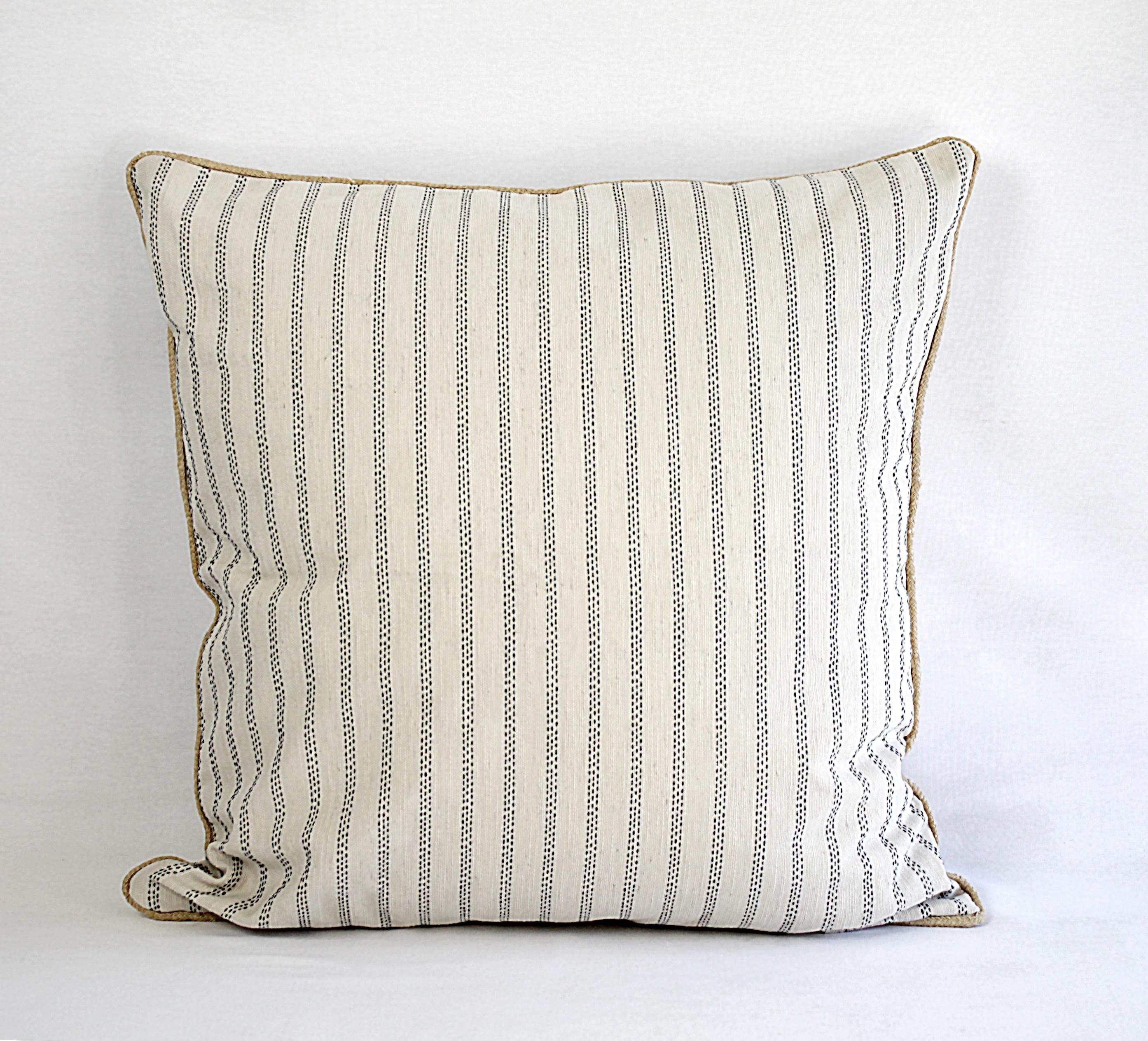 Custom Natural and Navy Ticking Stripe Pillow with Braided Jute Cord 3