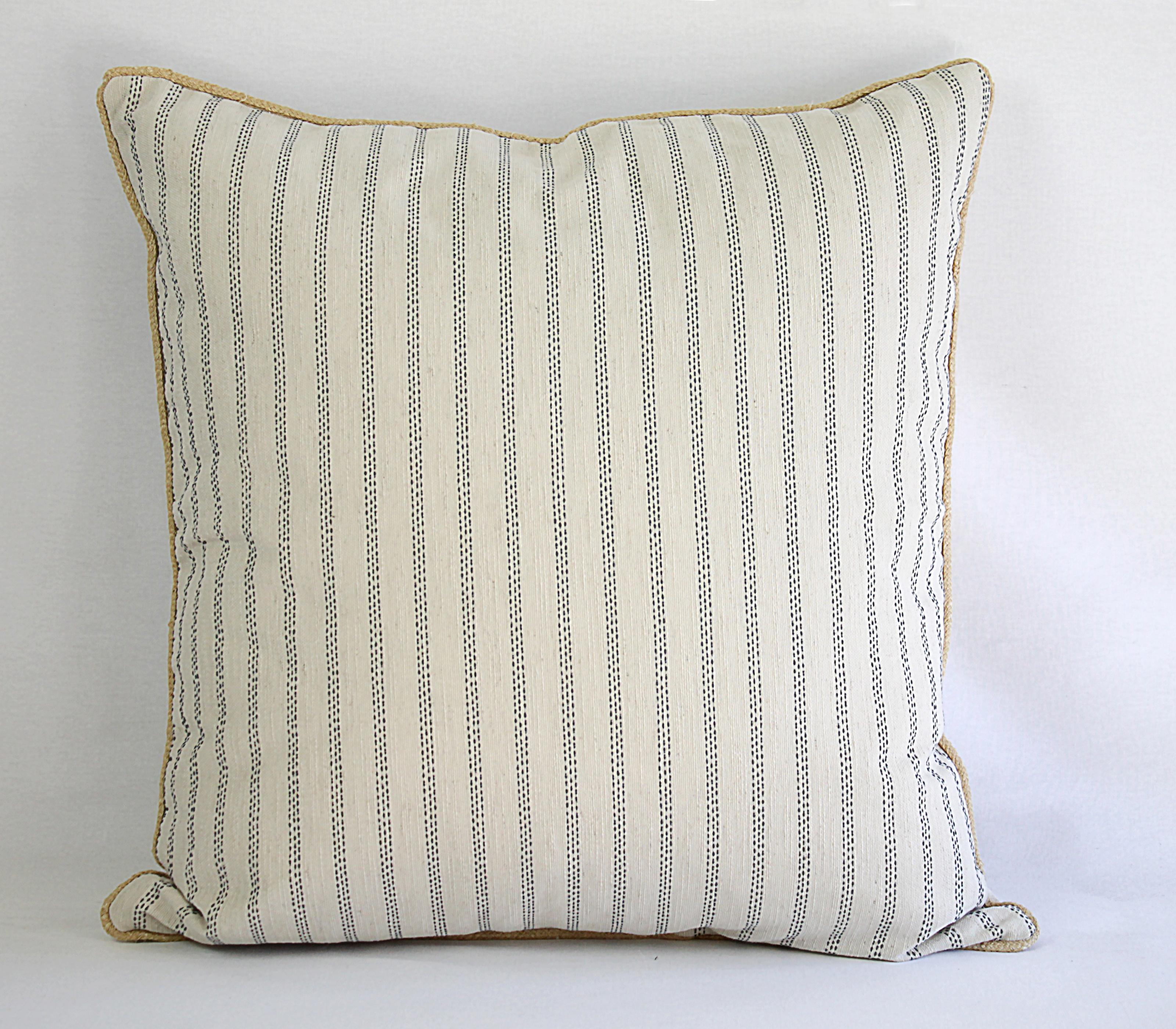Custom Natural and Navy Ticking Stripe Pillow with Braided Jute Cord 2