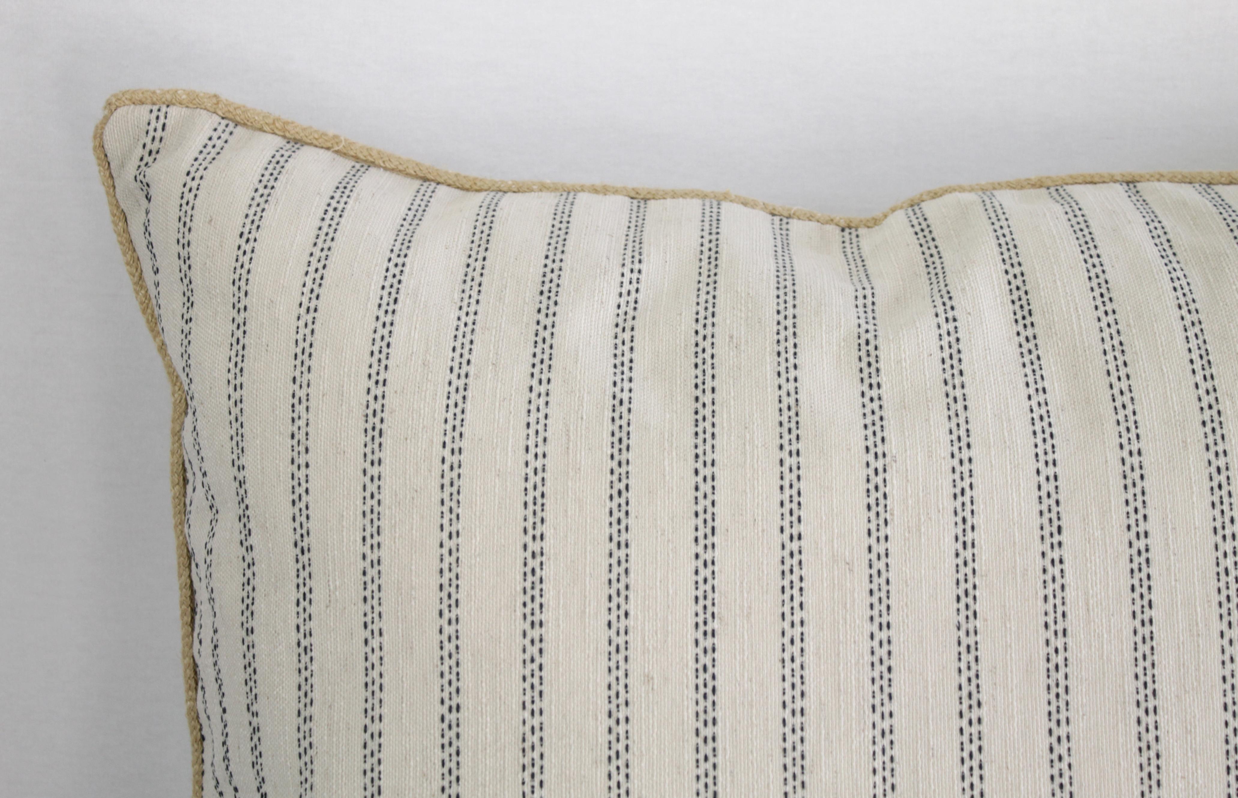 Custom Natural and Navy Ticking Stripe Pillow with Braided Jute Cord 3