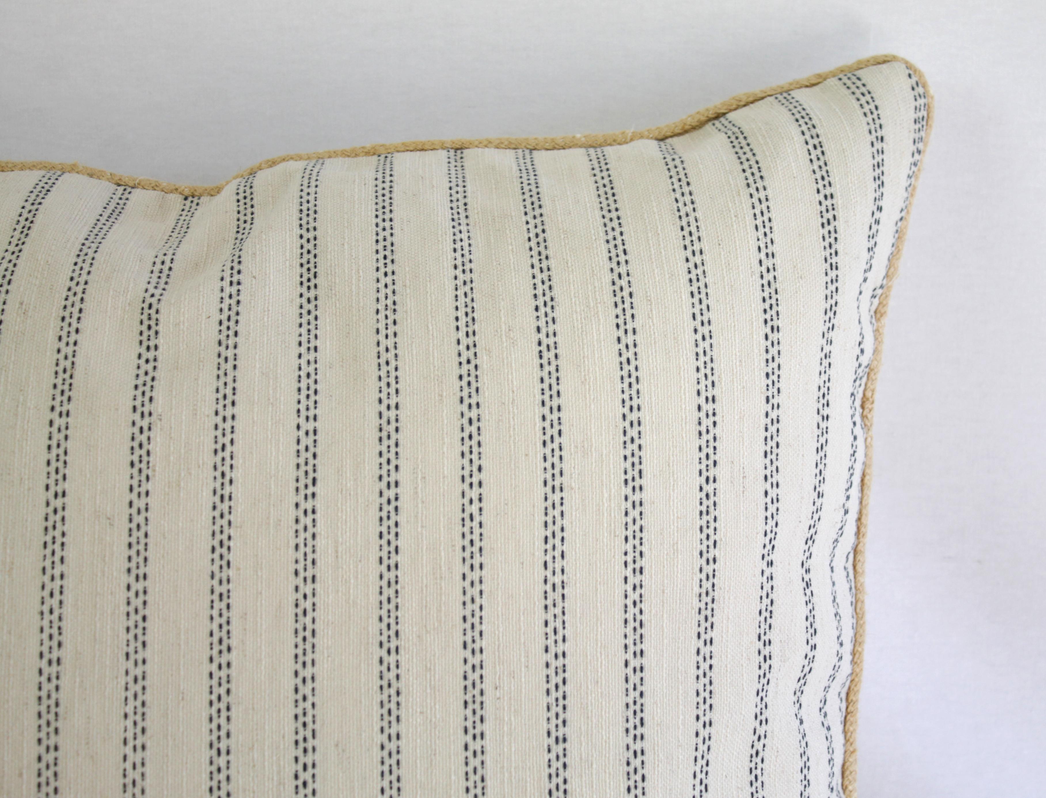 Custom Natural and Navy Ticking Stripe Pillow with Braided Jute Cord 4