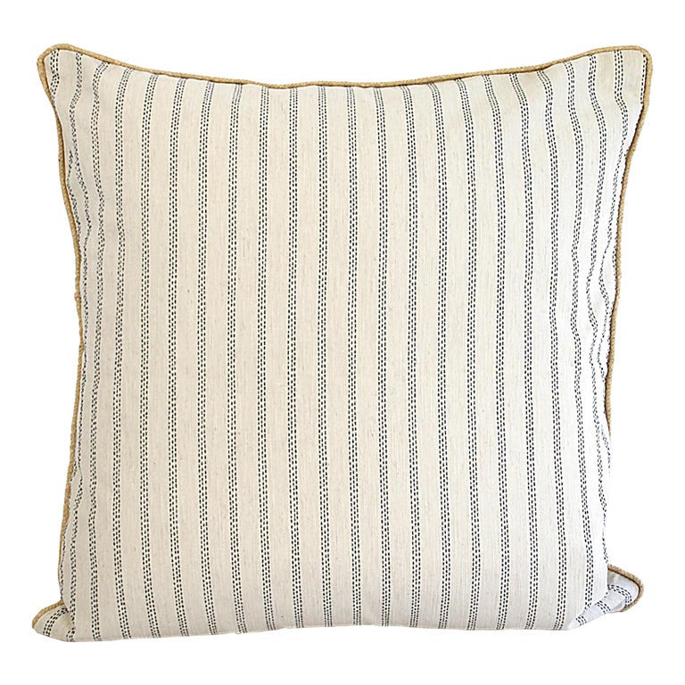 Custom Natural And Navy Ticking Stripe Pillow With Braided Jute