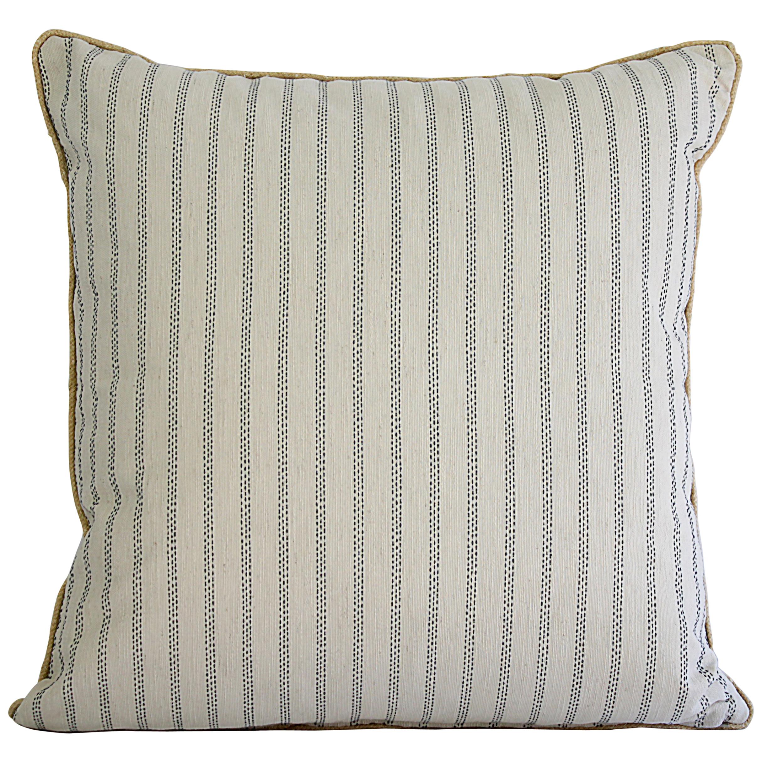 Custom Natural and Navy Ticking Stripe Pillow with Braided Jute Cord