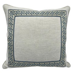 Custom Natural Linen with Teal and White Greek Key Trim Pillow