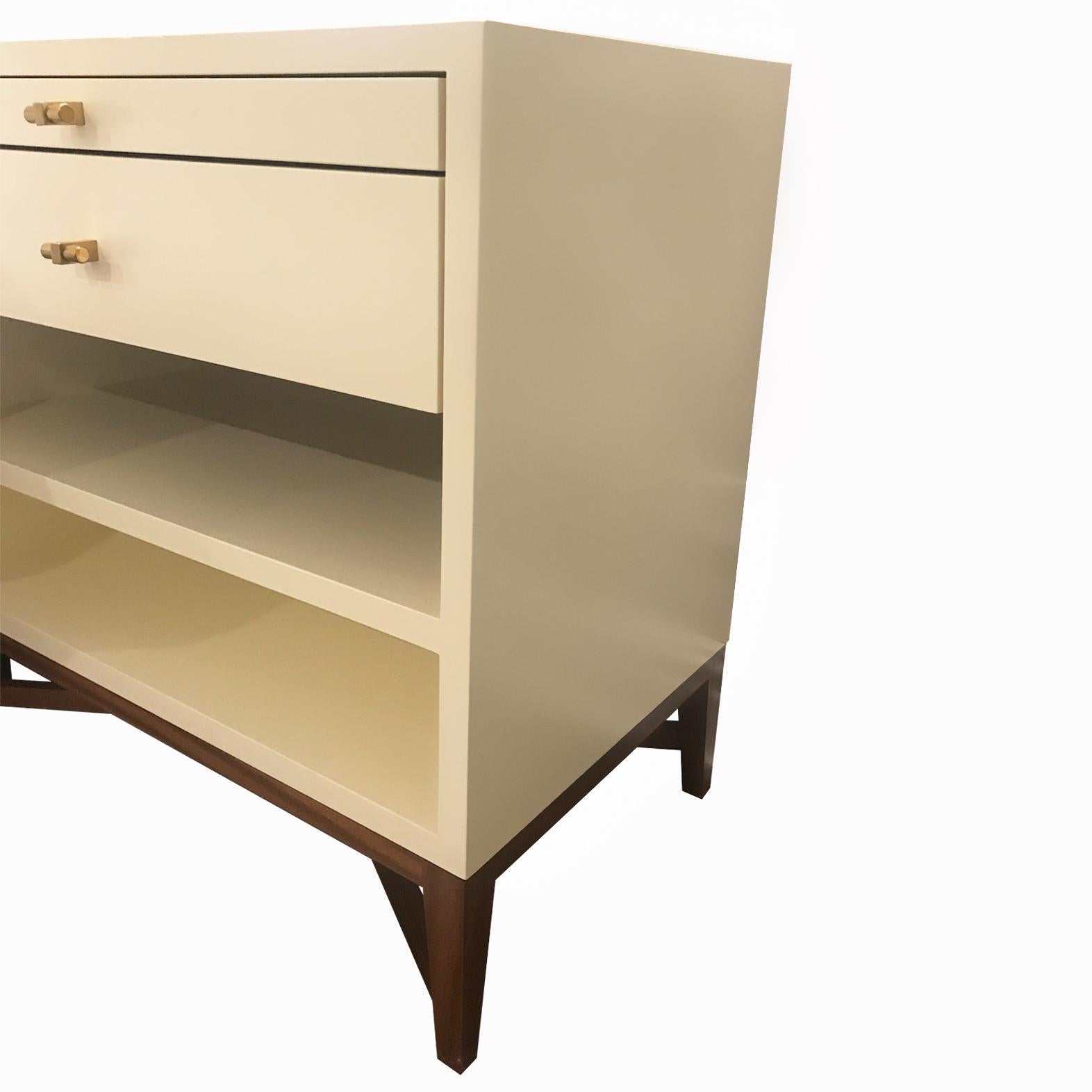 New Production, made to order. Can be any color- red, blue, green, cream etc
Table with pull out tray, one drawer and open shelving. Legs in walnut. Soft close drawer.
Size (any), color (any color-- we match any pantone or BM color) and finish