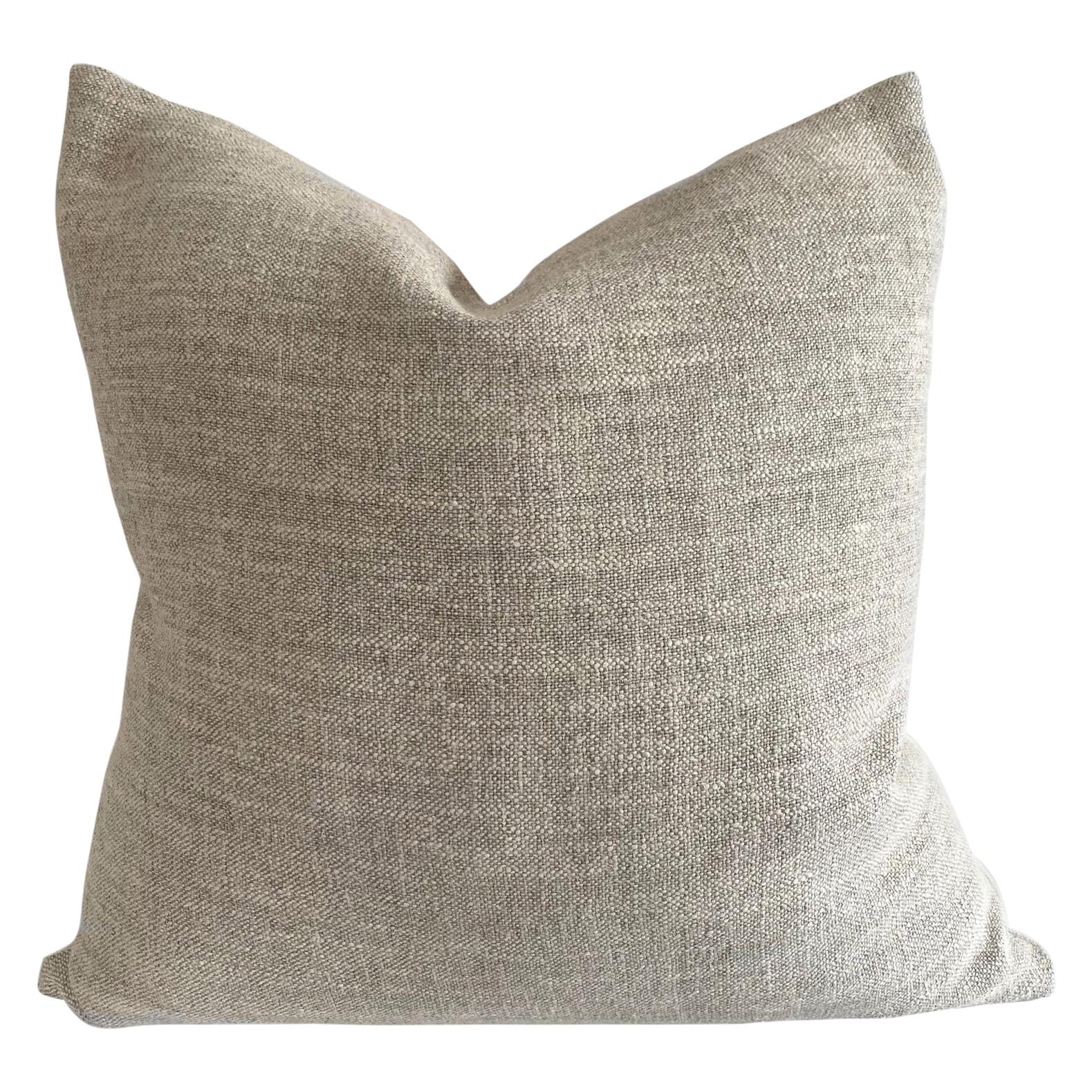 Custom Nubby Gray Linen Accent Pillow with Down Feather Insert For Sale