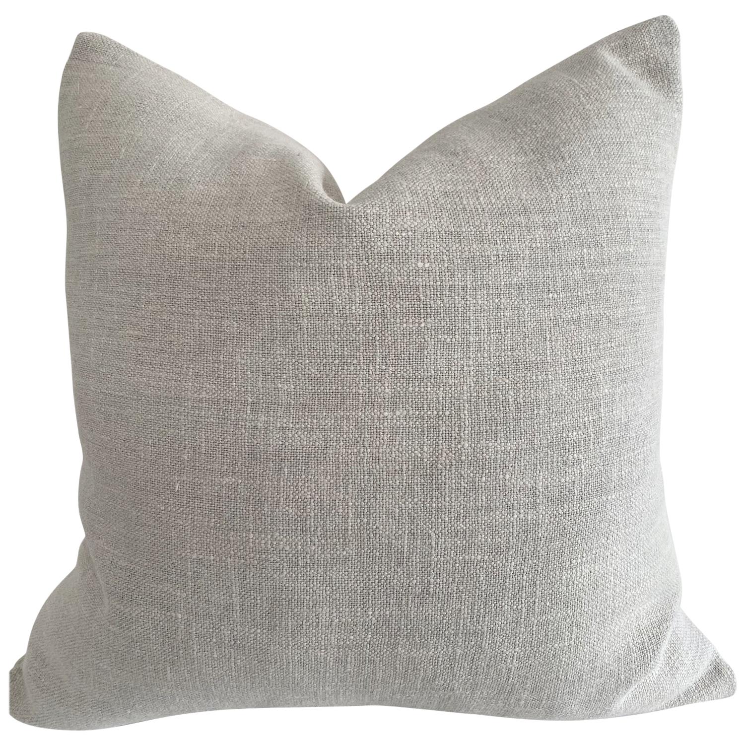 Custom Nubby Silver Linen Accent Pillow with Down Feather Insert For Sale