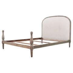 Custom Oak and Linen upholstered CAL king bed 