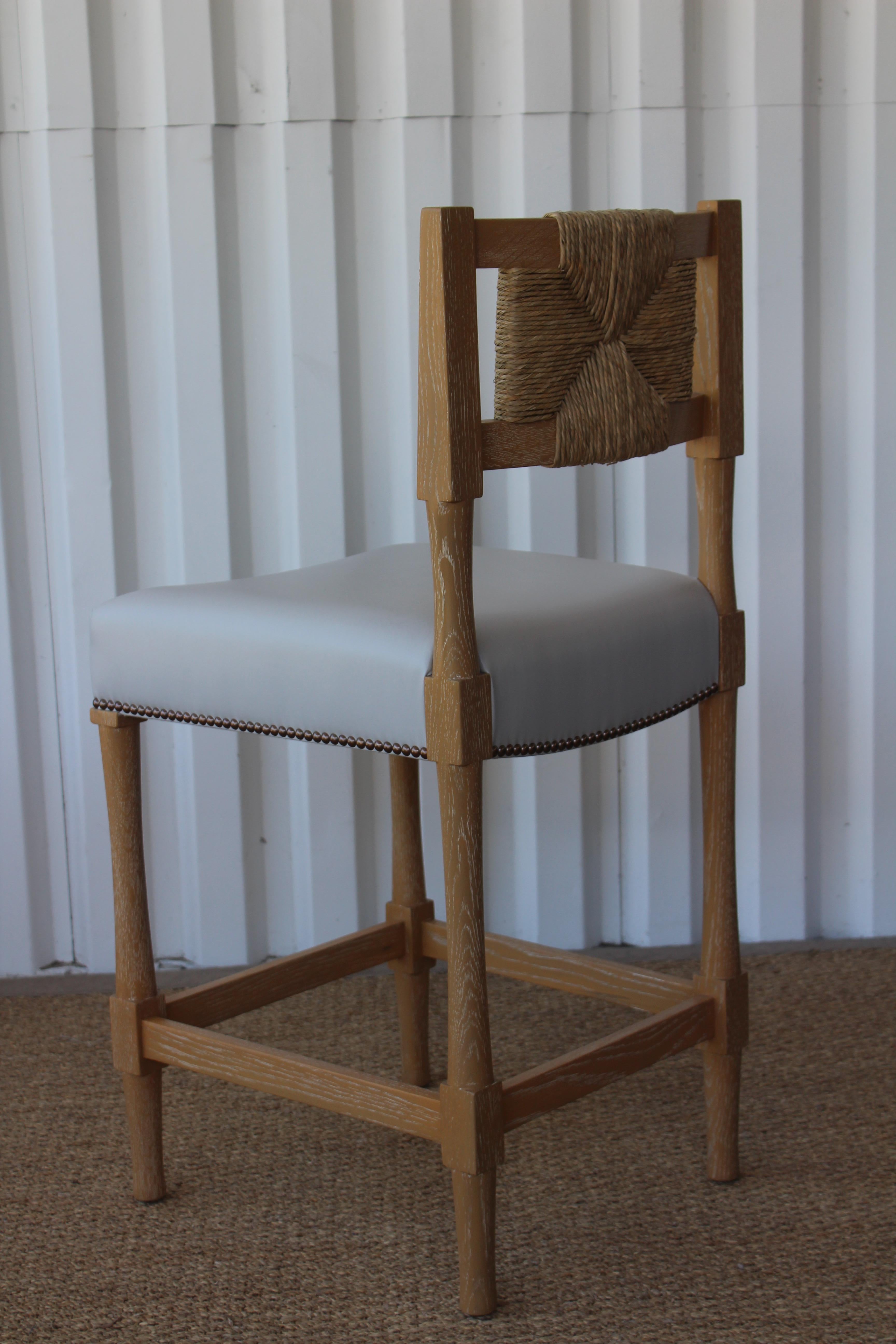 Hand-Woven Custom Oak and Rush Counter Height Bar Stool, Four Available