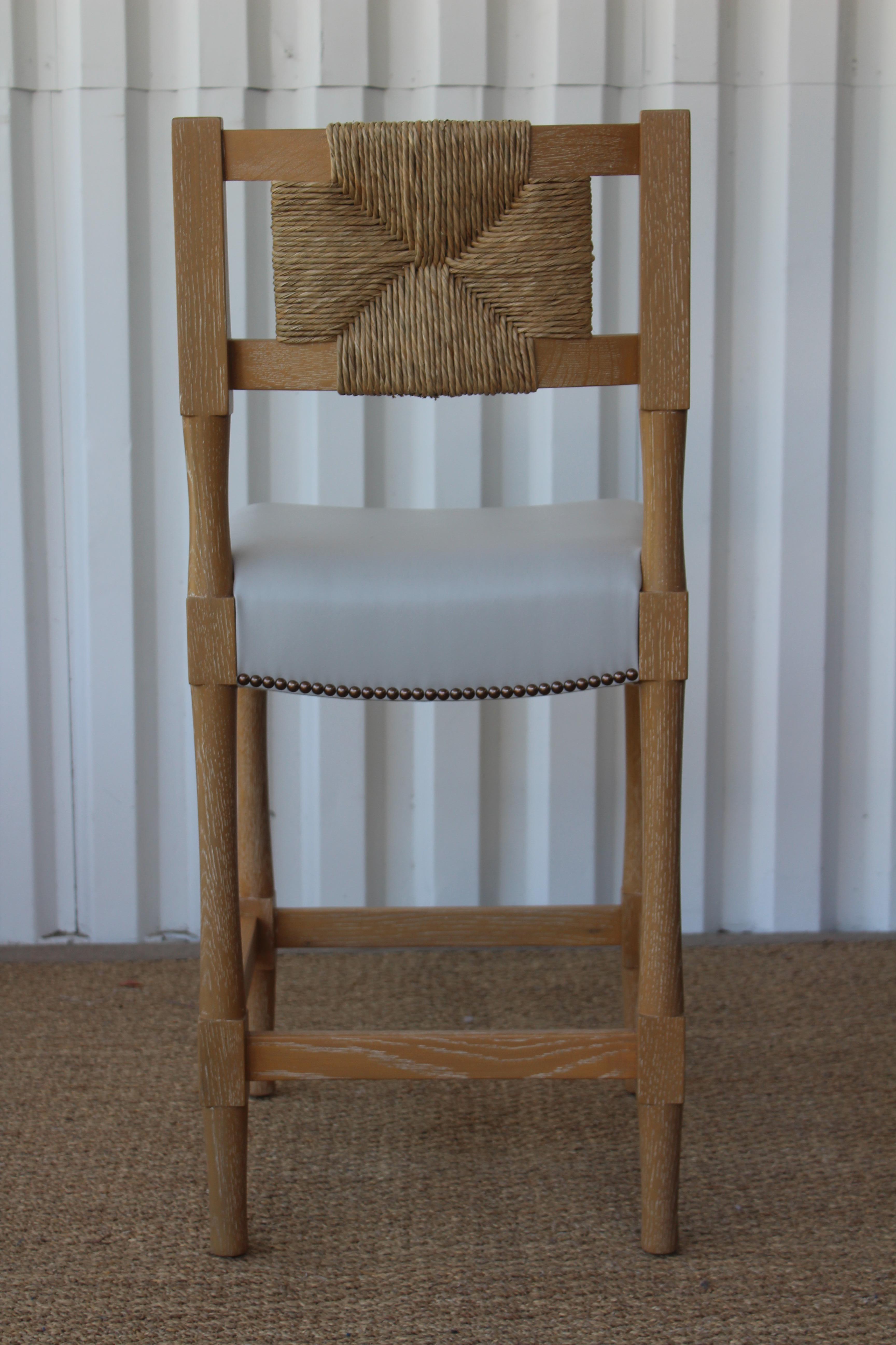 Custom Oak and Rush Counter Height Bar Stool, Four Available In New Condition In Los Angeles, CA