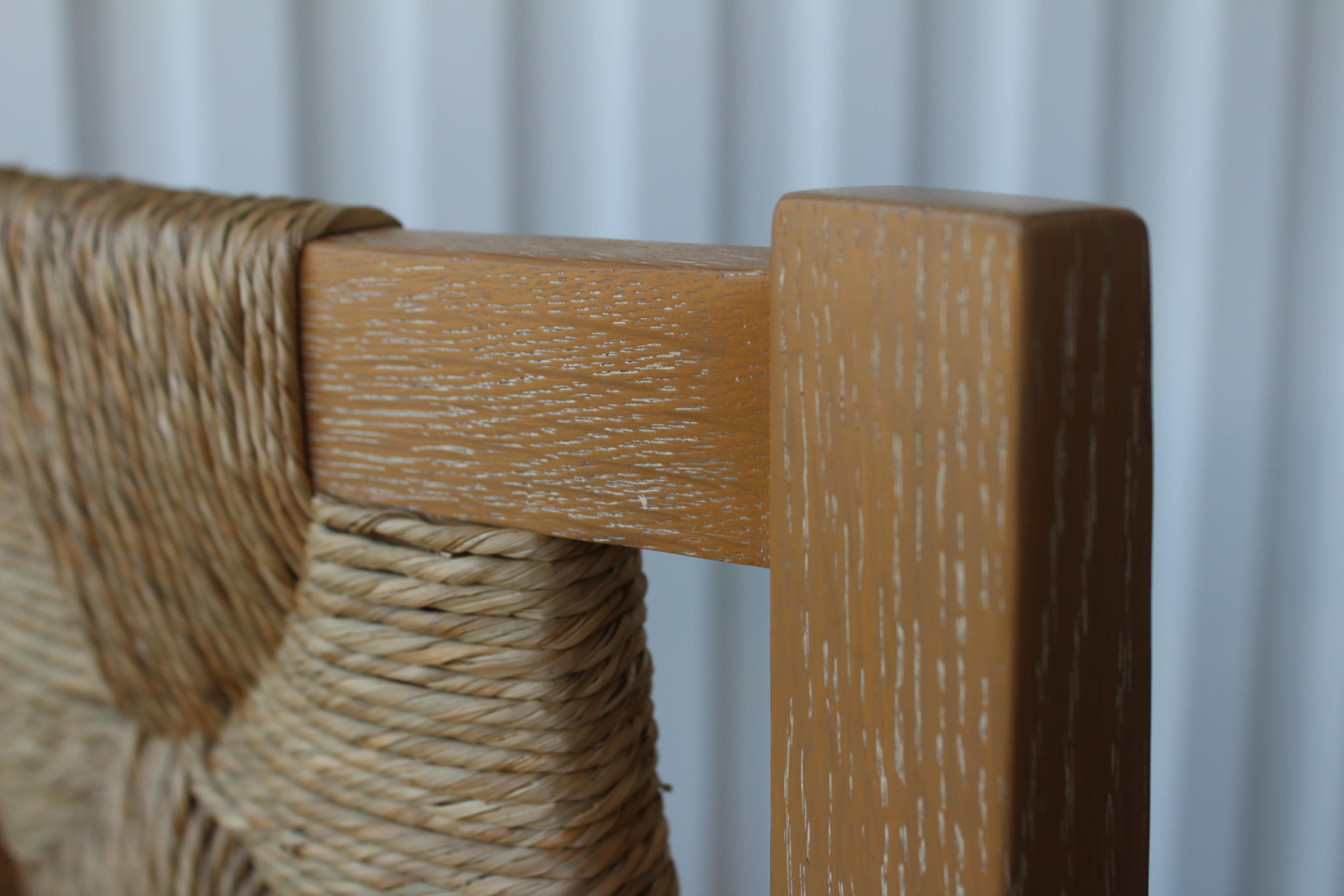 Brass Custom Oak and Rush Counter Height Bar Stool, Four Available