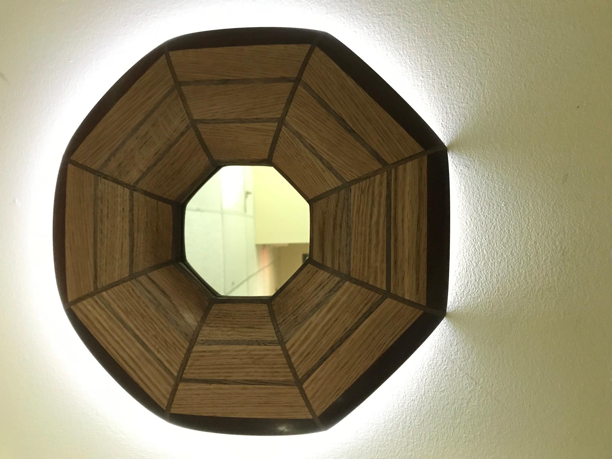 Custom Oak and Walnut Illuminated Mirror In Excellent Condition For Sale In New York, NY