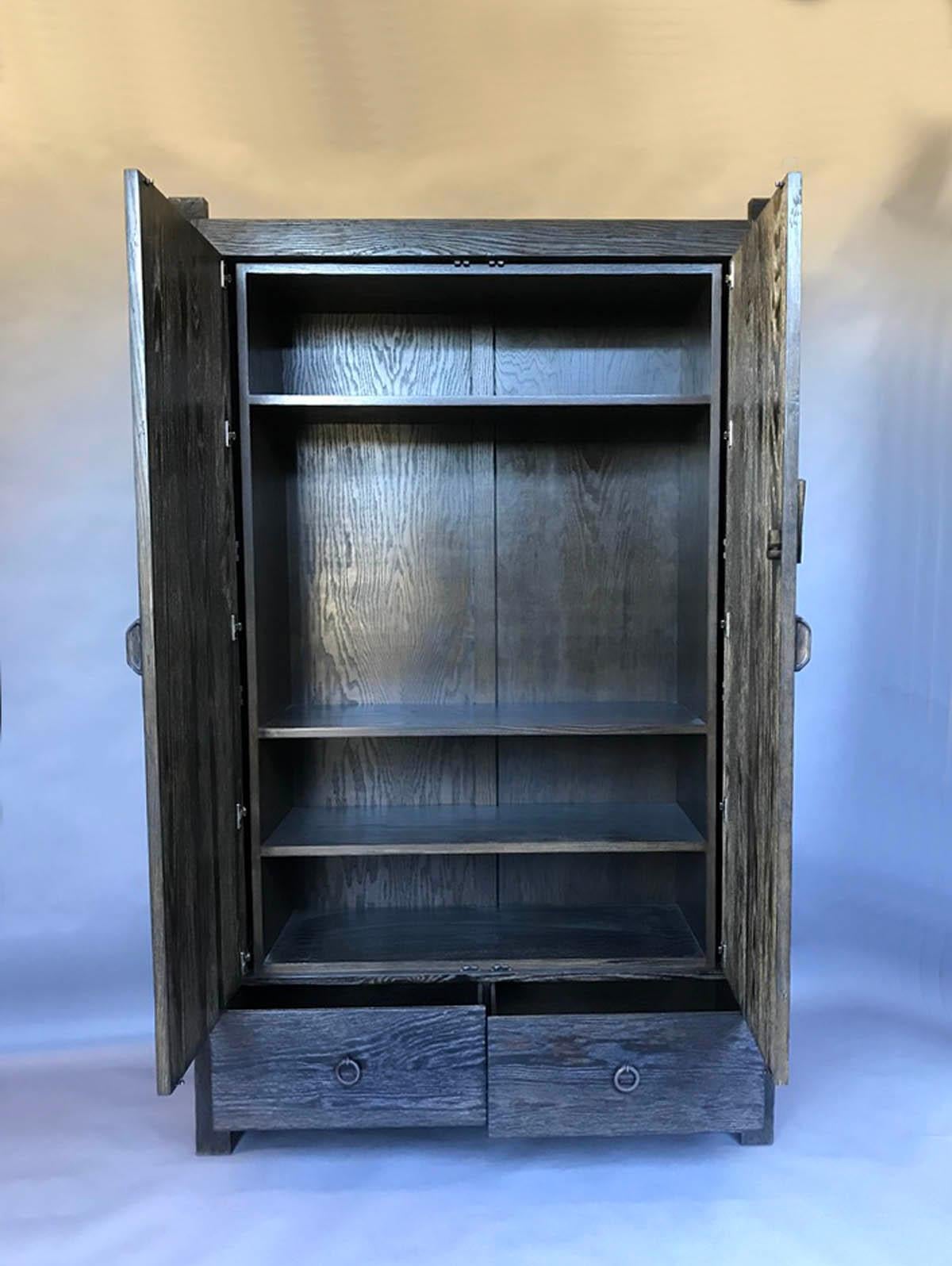 Custom Oak Cabinet with Pocket Doors by Dos Gallos In New Condition For Sale In Los Angeles, CA