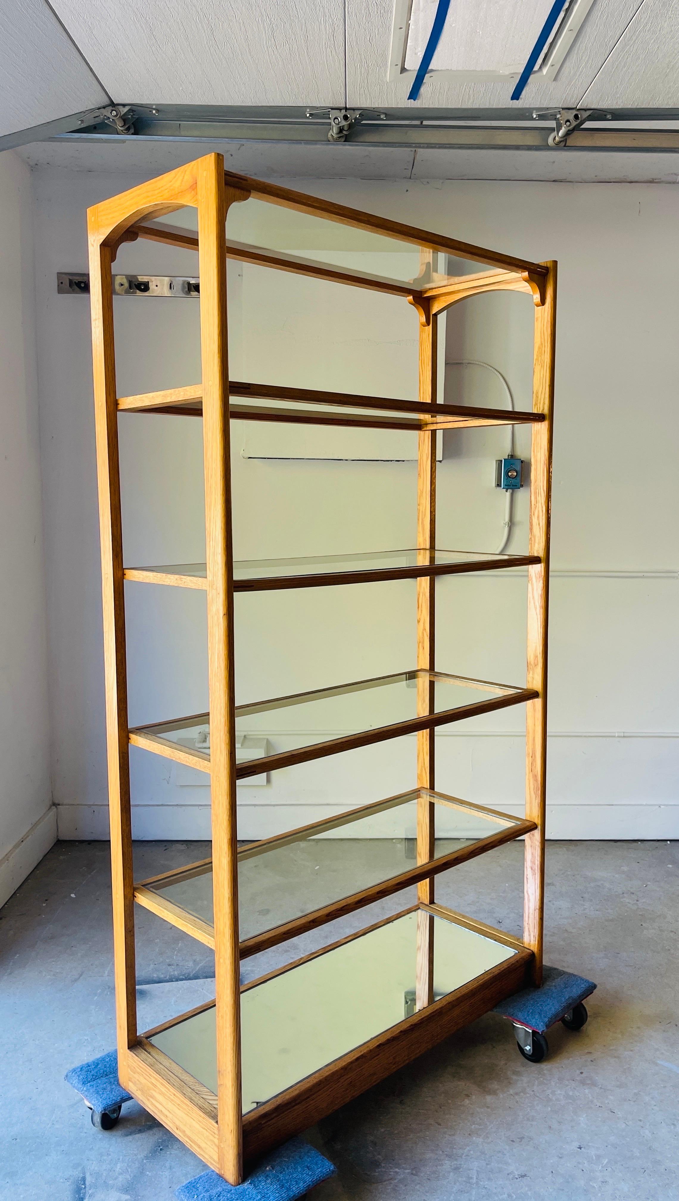American Custom Oak & Glass Display Shelf with Mirrored Base For Sale