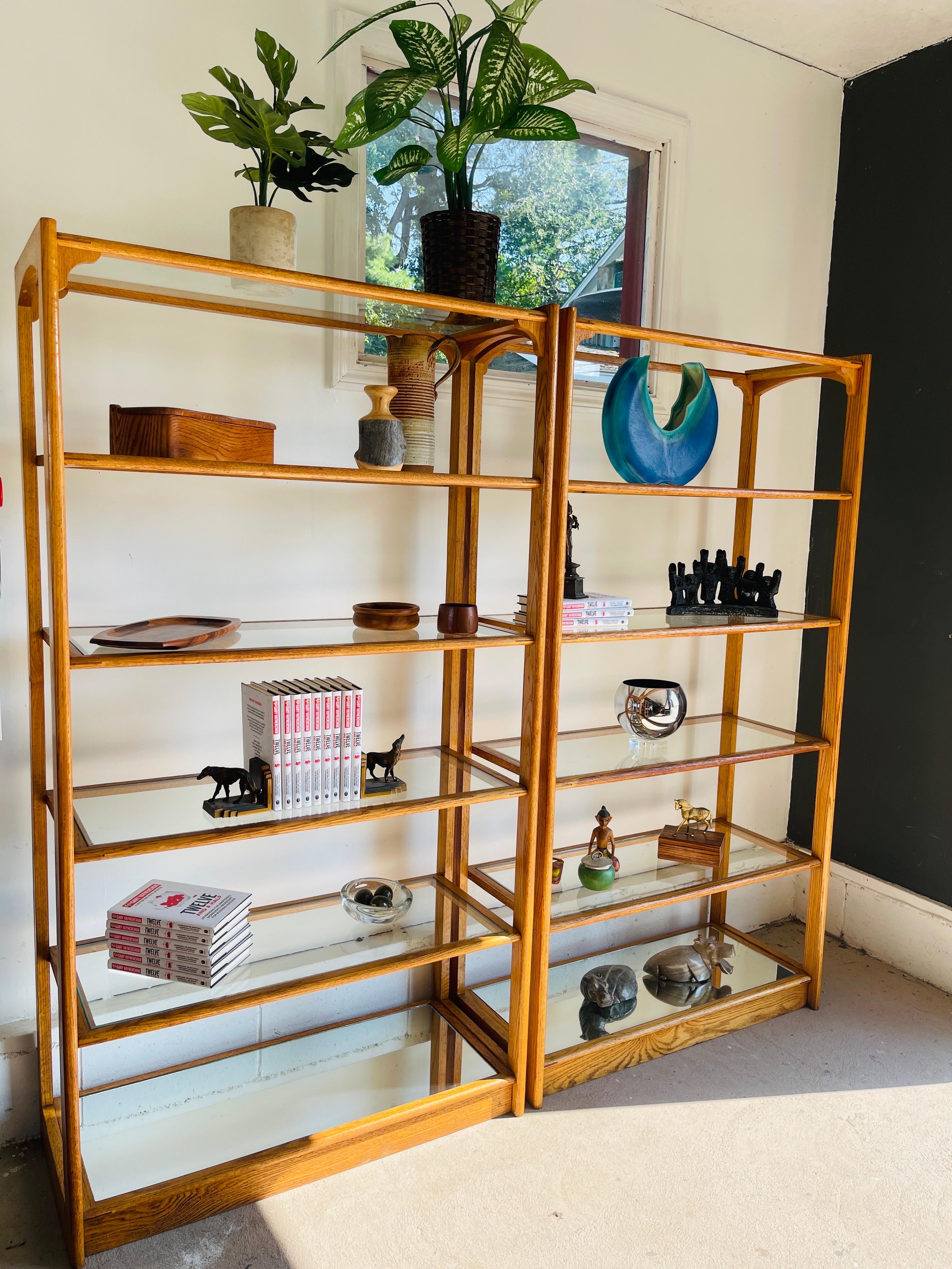 20th Century Custom Oak & Glass Display Shelf with Mirrored Base For Sale