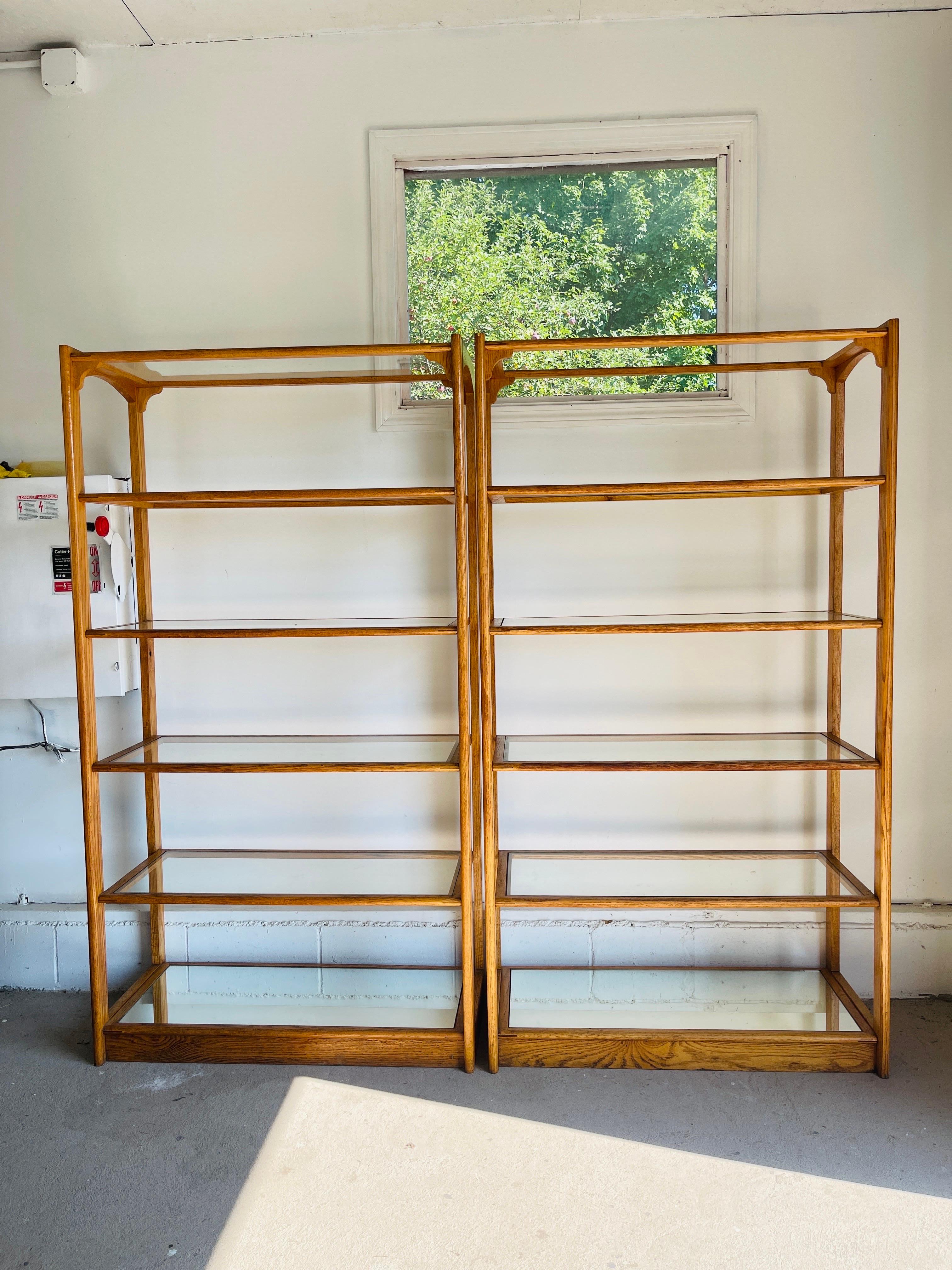 Custom Oak & Glass Display Shelf with Mirrored Base For Sale 1