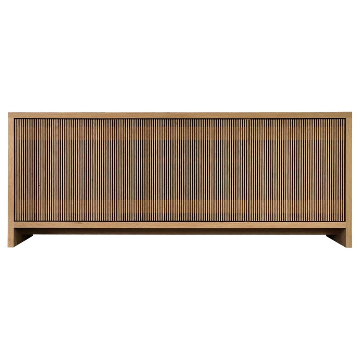 Custom Oak Slatted Credenza W 102" x D 20" x 32" For Sale